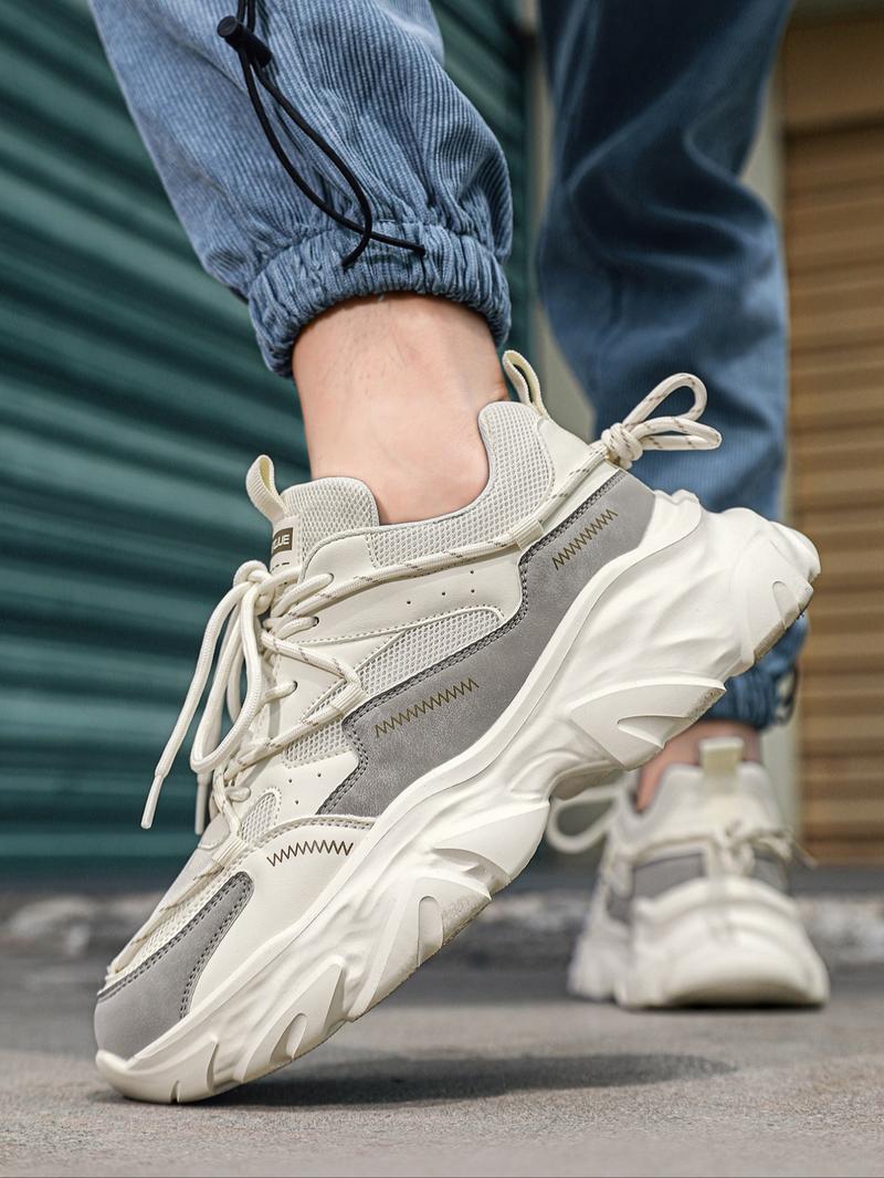 Men's Height Increasing Dad Shoes, Dual Strap Design, Fashionable Casual Sporty Trendy Walking Sneakers, Colorblock Patchwork, Thick Sole, All Seasons