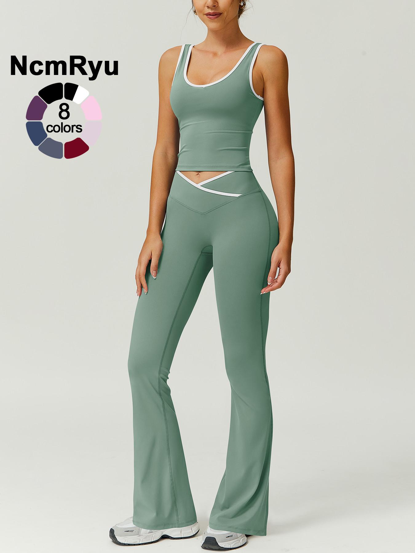Two-Piece Set Women's Patchwork High Elastic Soft U-Neck Wide Shoulder Strap Vest Cross Waist Top Hip Flared Pants Yoga Clothes Four Seasons Running Gym sports training all-match vest, Workout Running Outfits, Activewear Set, Athleisure Sportswear Set