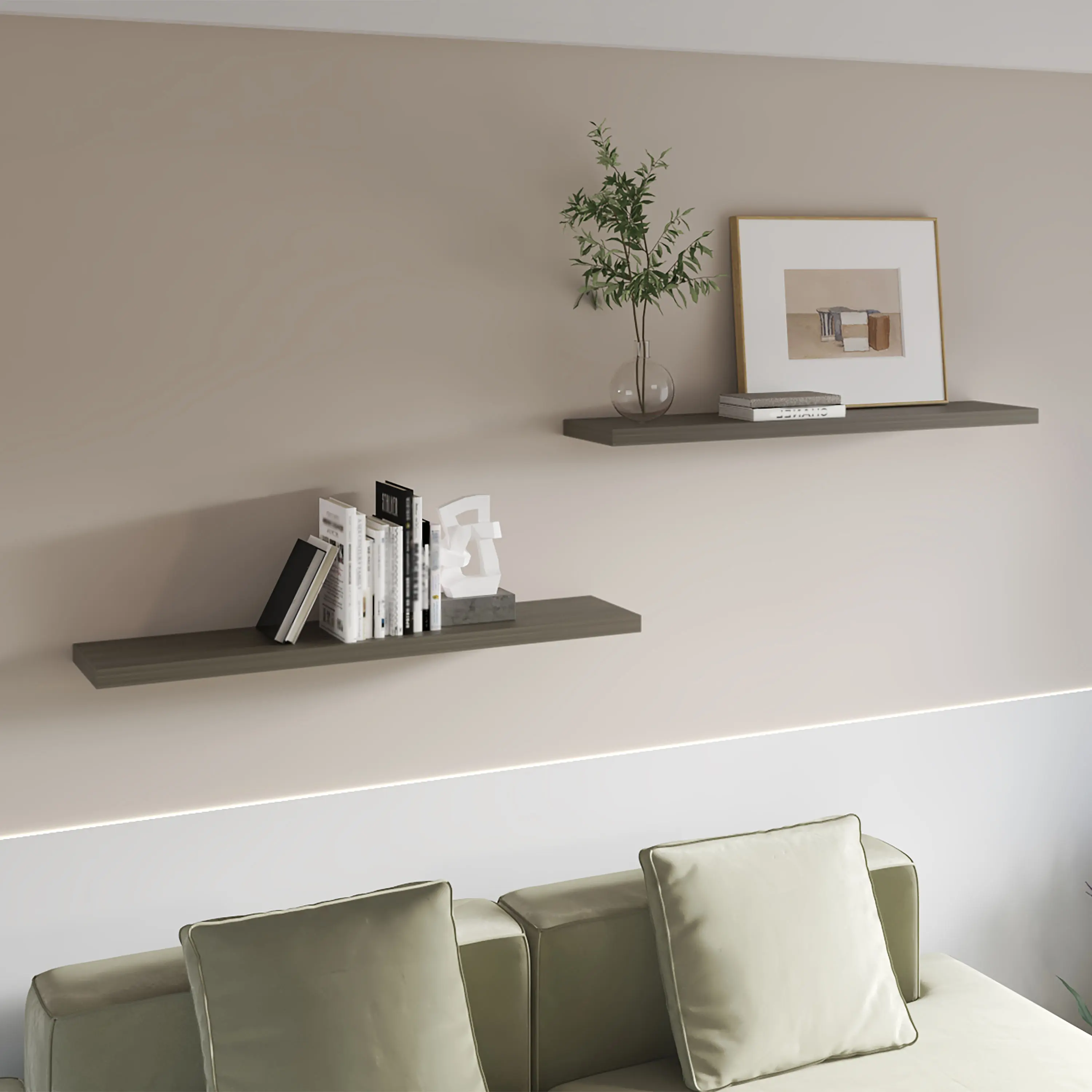 Nokaa Floating Shelf for Wall, 47.3" Wide Smokey Oak Melamine Particle Board Modern Wall Mounted Display Shelf, Easy Install, for Living Room, Bedroom, Office, 2 Pack, Gray Color Options, Particle Board Material, Modern Style, Product Dimensions: