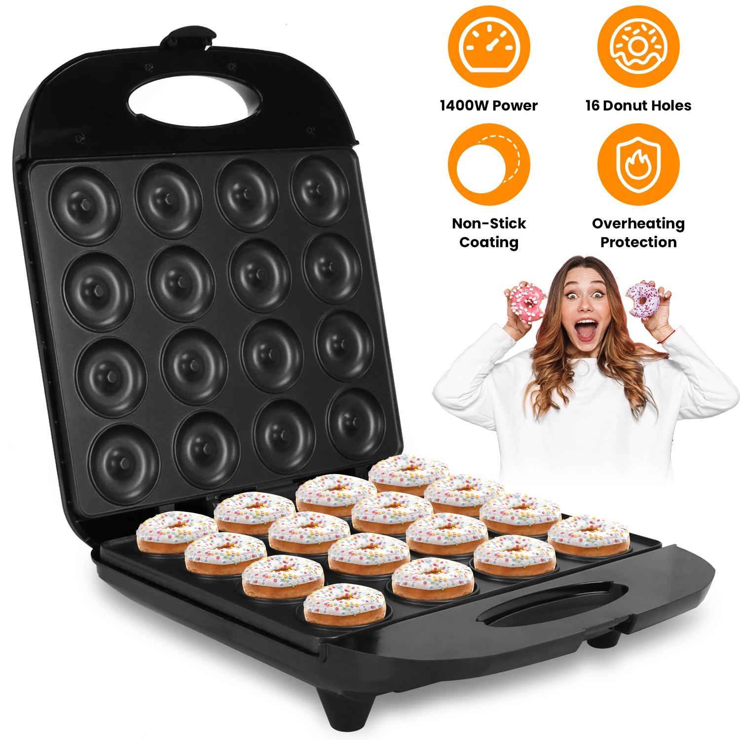Mini Donut Maker Machine, 16 Holes Non-Stick Waffle Donut Baker, Double Side Heating Electric Doughnut Maker with Overheat Protection, Easy Use Snack Maker for Kids Breakfast Home Dessert Making