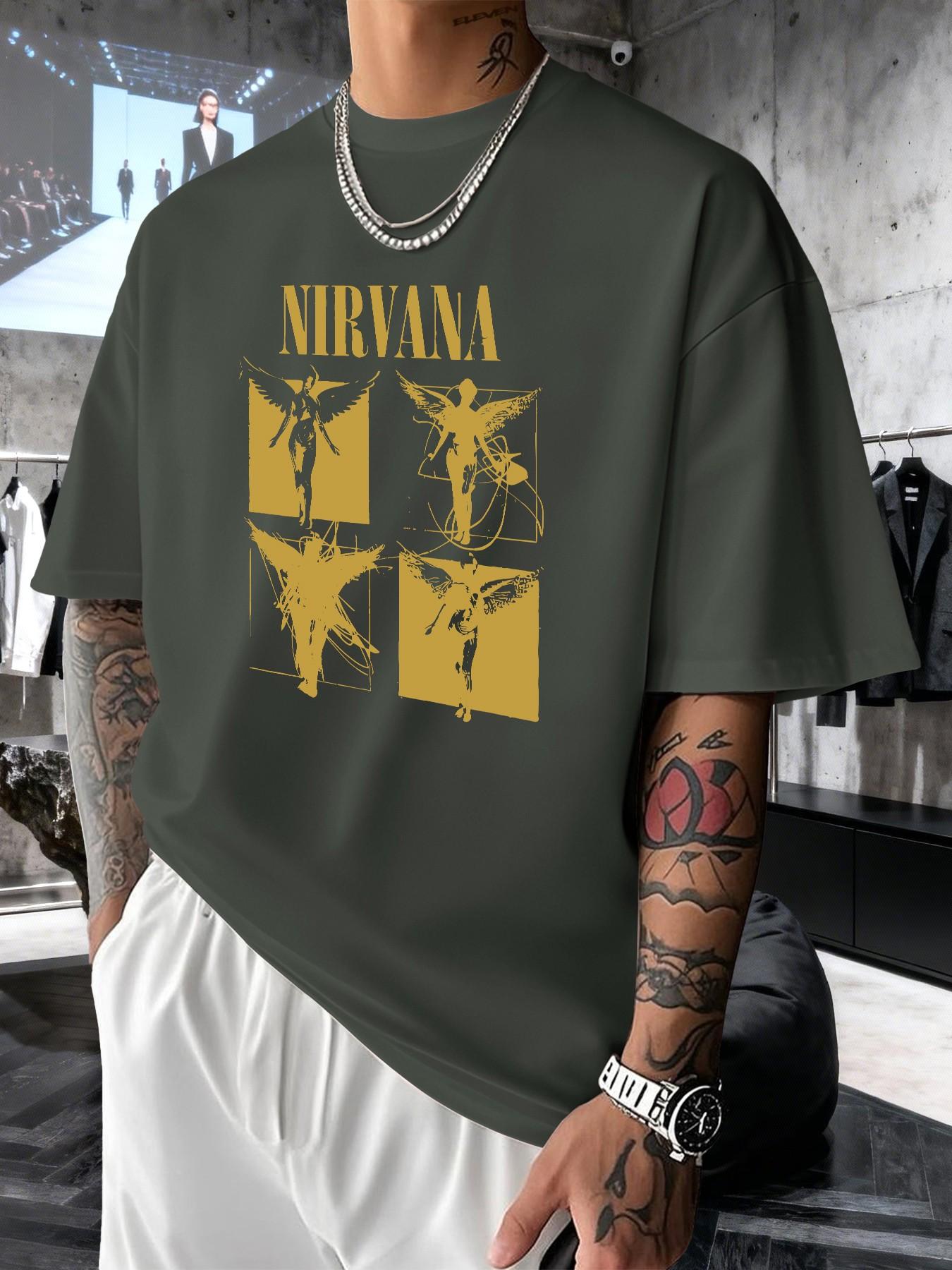 Nirvana Retro Rock Print Men's Fashion T-Shirt, Casual Graphic Short Sleeve Top, Comfortable Round Neck Tee for Spring Summer
