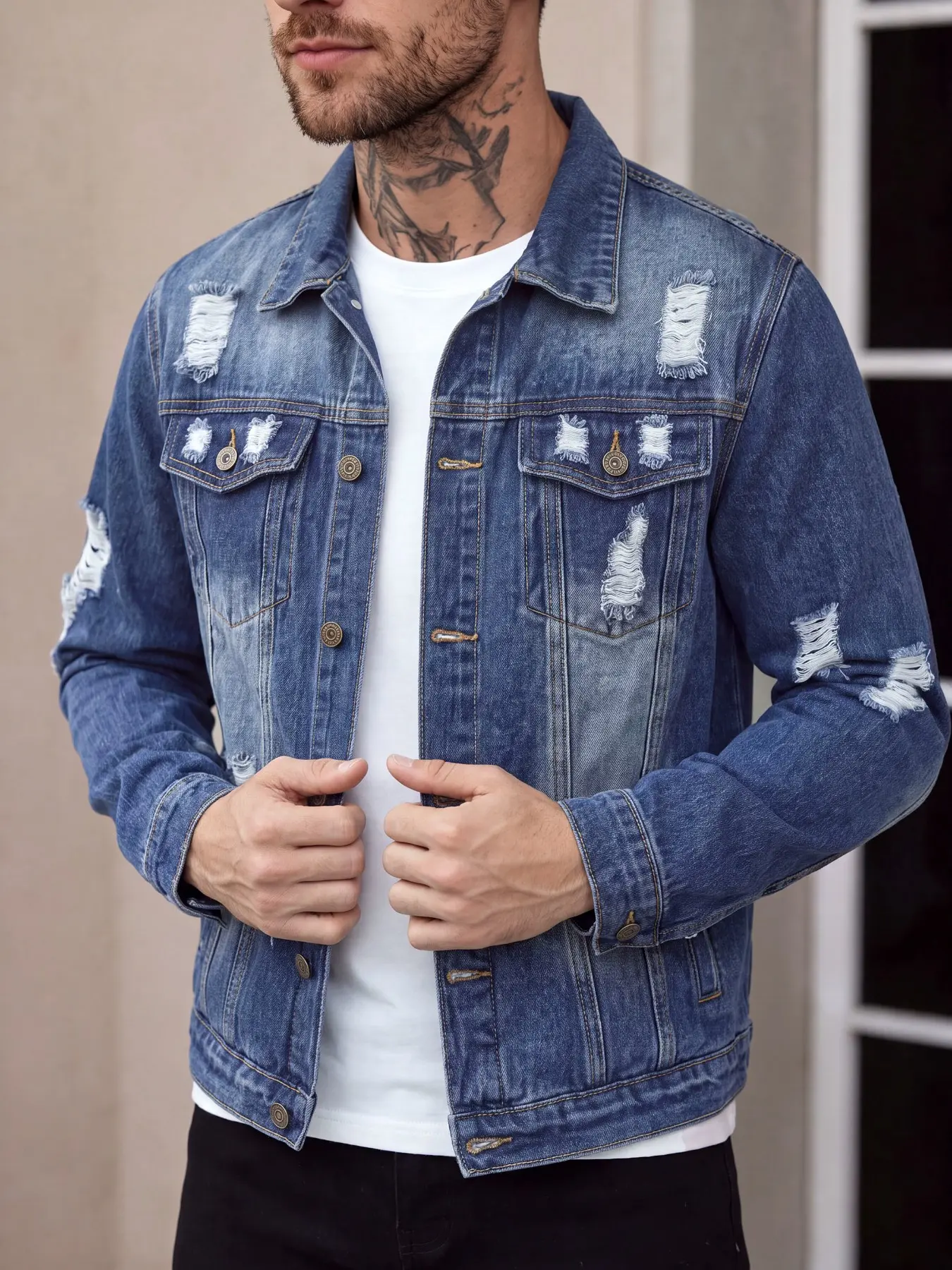 Men's blue washed ripped denim jacket for spring and autumn, suitable for urban streetwear outfits and everyday wear, a perfect gift for your boyfriend