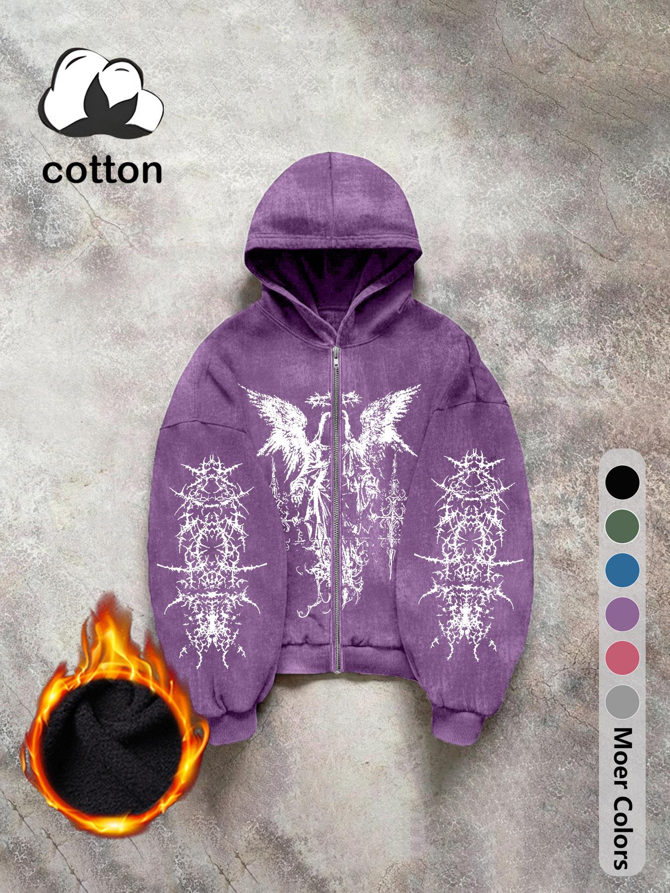 Men's long-sleeved Gothic street Graphic print hooded sweatshirt, washed hooded zipper sweatshirt, casual daily wear, men's long-sleeved fleece autumn and winter jacket
