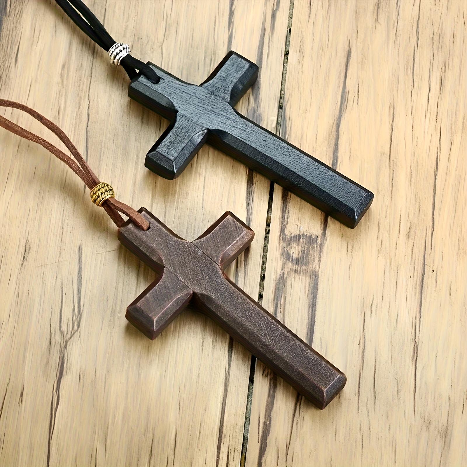 Unisex Wear 2-Pack Minimalist Wooden Cross Necklaces - Handmade Religious Jewelry with Cross Shape, Letter Motif - Everyday Gift Set
