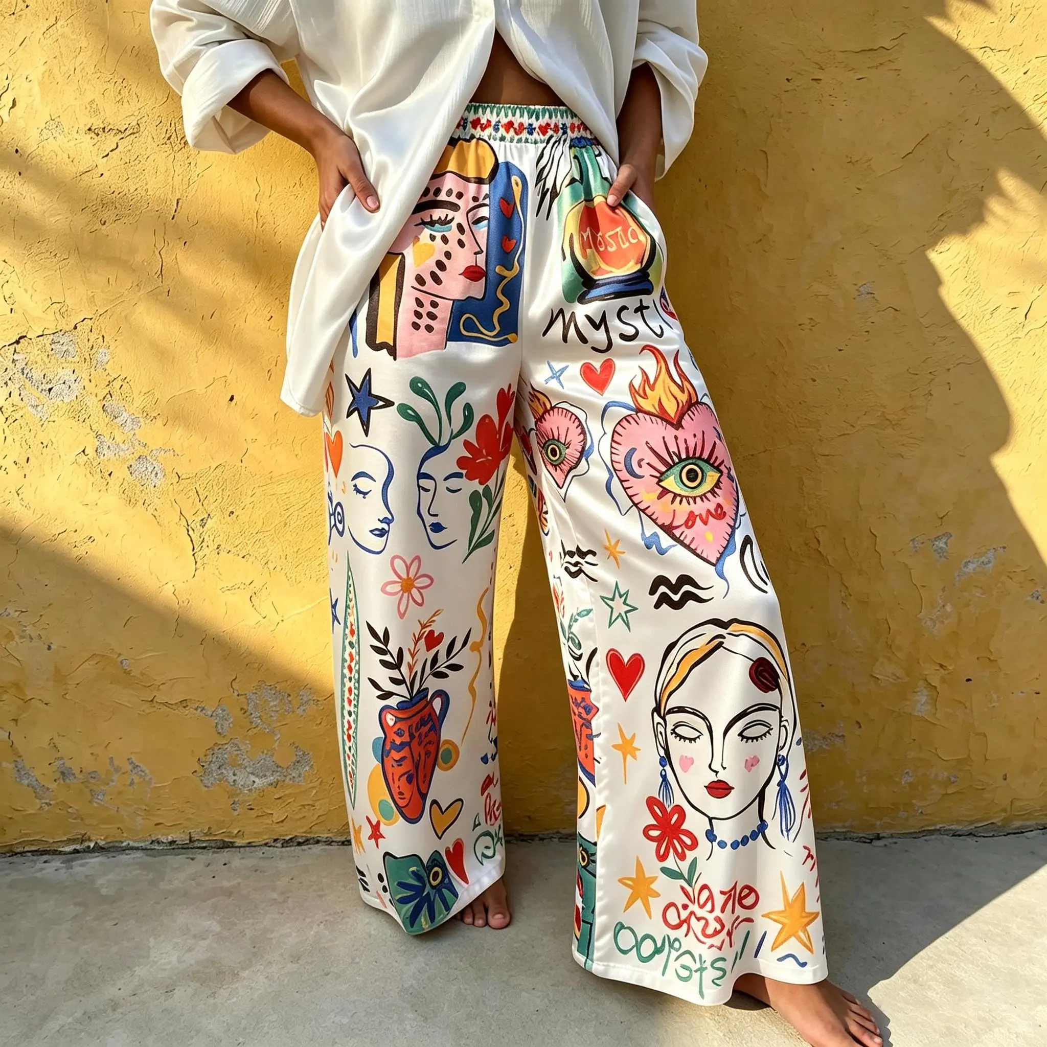 Women's Casual Wide-Leg Bottoms - New Baggy Oversized Flat Pants with Abstract Artistic Face-Doodle Print, Retro-Chic Laid-Back Vacation Style Satin Trousers