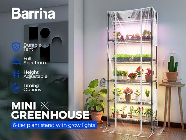 Barrina Greenhouse with Grow Light for Indoor Plant, 6-Tier Plant Shelf with 5Pcs 2FT 30W Full Spectrum Plant Lights, 3 Adjustable Spectrum and Timer, 29x14x71IN