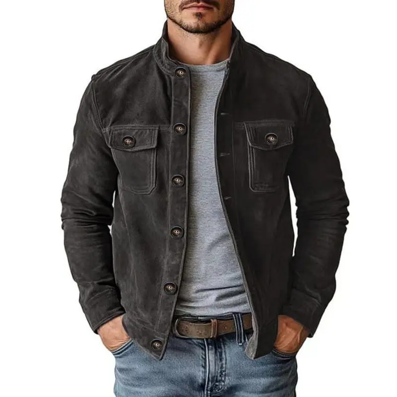 Men's Vintage Faux Suede Stand Collar Jacket, Casual Button Down Long Sleeve Trucker Coat with Chest Pockets, Retro Western Utility Outerwear for Fall Winter Daily Wear