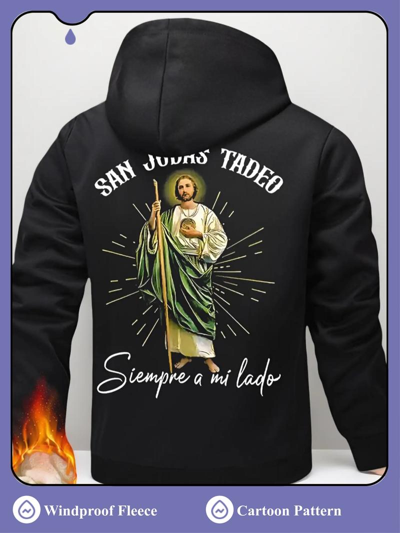 St. Jude Thaddeus Print Fleece Hooded Jacket, Winter Warm Windproof Skin-Friendly Thick Sweatshirt, Long Sleeve Casual H-Type Cartoon Pattern, Heavyweight Fleece Hoodie
