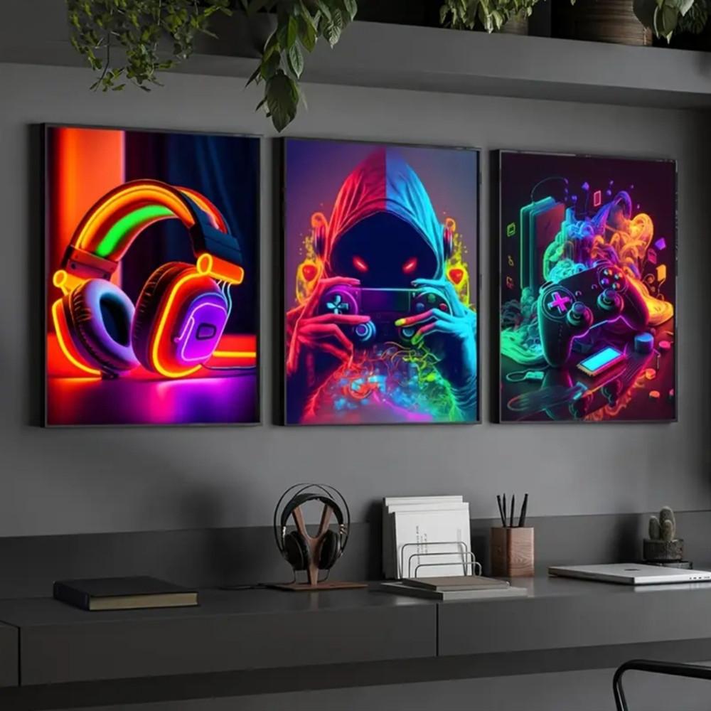3-Piece Optional Wooden Frame Punk Style Gamepad Gaming Room Theme Art Poster Waterproof Premium Thick Canvas High Saturation Accurate Contrast Boys Room Decor