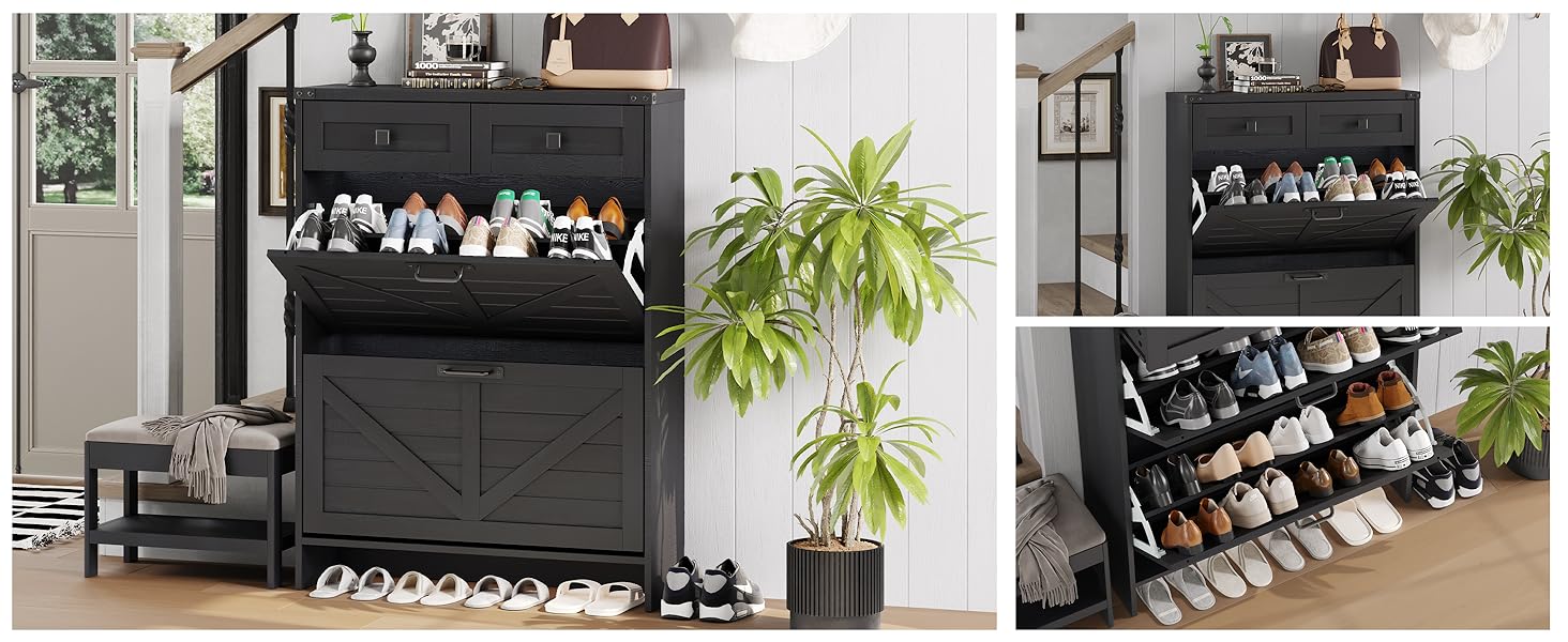 Vabches  Shoe Storage Cabinet with 2 Flip Drawers & 2 Storage Drawers, Farmhouse Slim Shoe Organizer with Legs for Entryway, Cozy High Quality Freestanding Cabinet