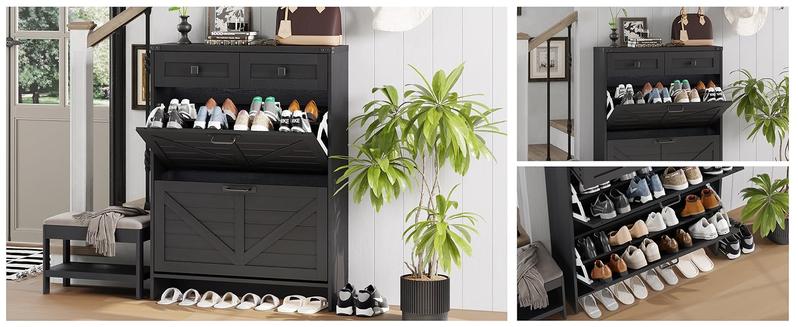 Vabches Shoe Storage Cabinet with 2 Flip Drawers & 2 Drawers,Shoe Cabinet Storage with Legs for Entryway,Freestanding Shoes Organizer Cabinet,Farmhouse Slim Shoe Cabinet