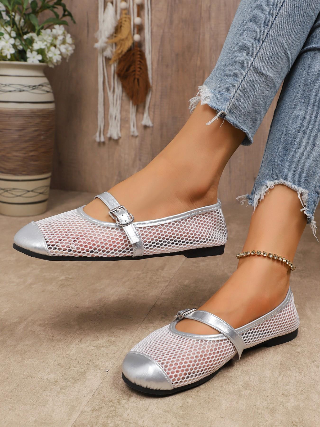 2026 New Women's Mesh Sandals, Summer Rhinestone Hollow Out Breathable Shoes, French Style Dress Match, Low Heel Flat Shoes