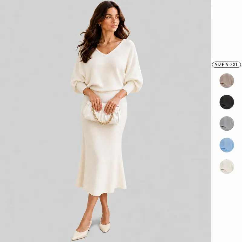 Imily Bela Womens Formal Sweater Dress V-Neck Batwing Sleeve Knit Midi Dress Fall High Waist Office & Date Night  A-Line Dress