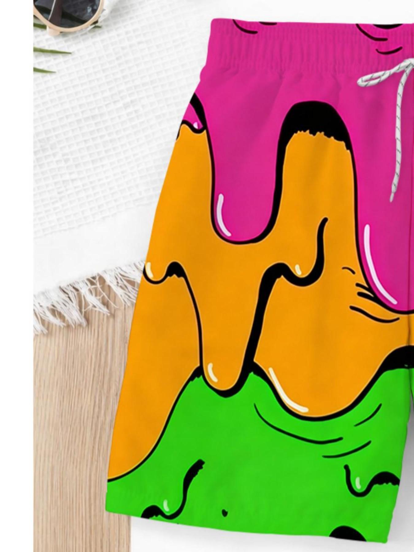 Summer Boys' Fun Melted Graffiti Print Drawstring Beach Pants, Casual Slim-Fit Short Swim Trunks, Trendy Coastal Vacation Wear