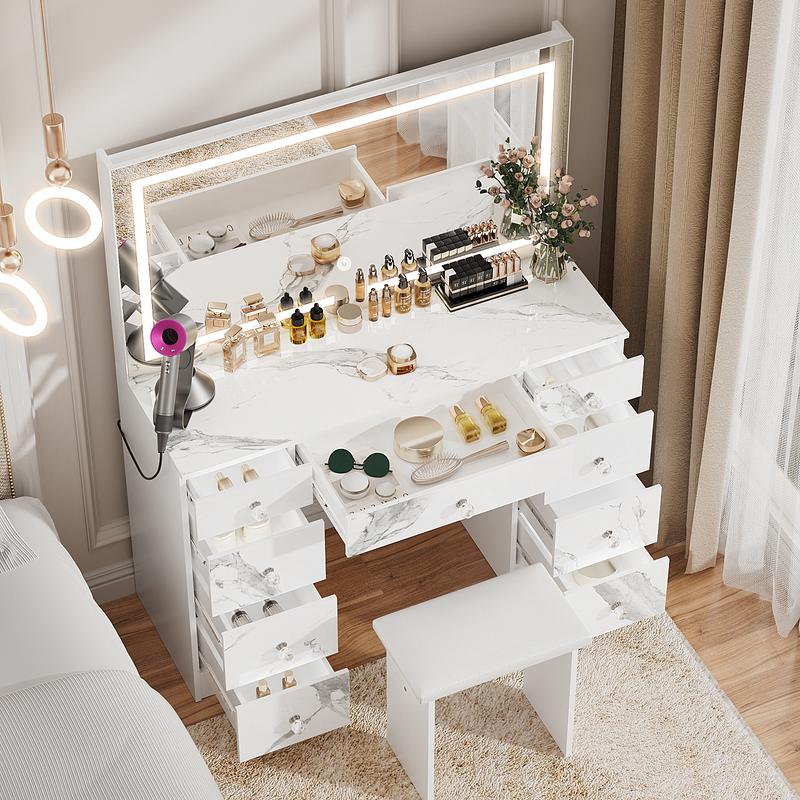 VOWNER Makeup Vanity Desk Table with Lighted Mirror,Power Outlet and 9 Drawers,Come with Soft Cushioned Stool
