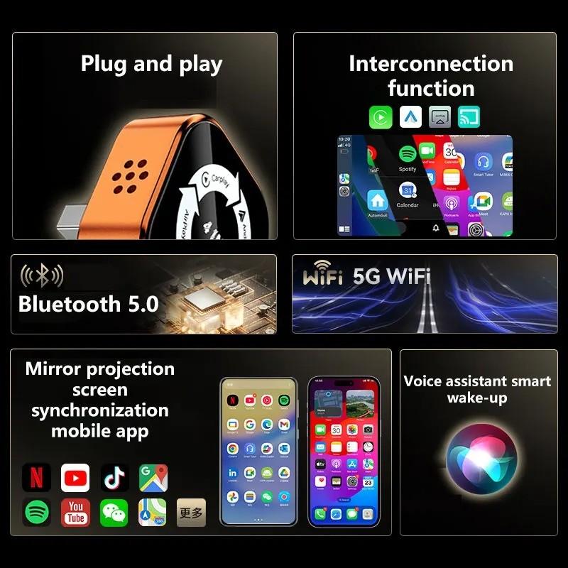 2026 World Cup New 4-in-1 Wireless CarPlay Adapter - Compatible with iPhone/Android | Fast Connection, Hands-Free Calling, AirPlay, Mirror Link, Netflix, YouTube. Type-C Adapter, Bluetooth 5.0 Fast Transmission, Ultra HD Stereo Sound