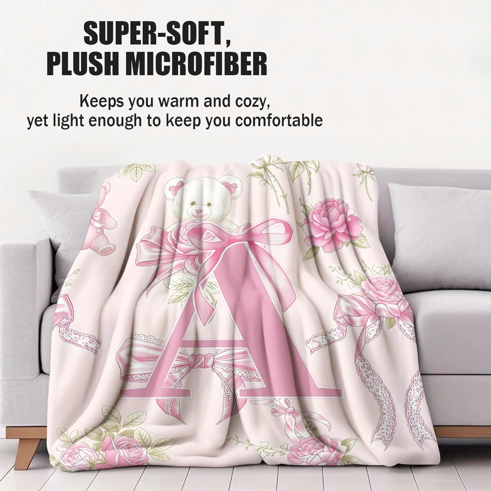 Pink Coquette Initial Letter Throw Blanket, Soft Fuzzy Plush, Teddy Bear & Rose Floral, Girly Bow Print, Lightweight for Couch Bed Office, All Seasons, Aesthetic Room Decor, Perfect Gift