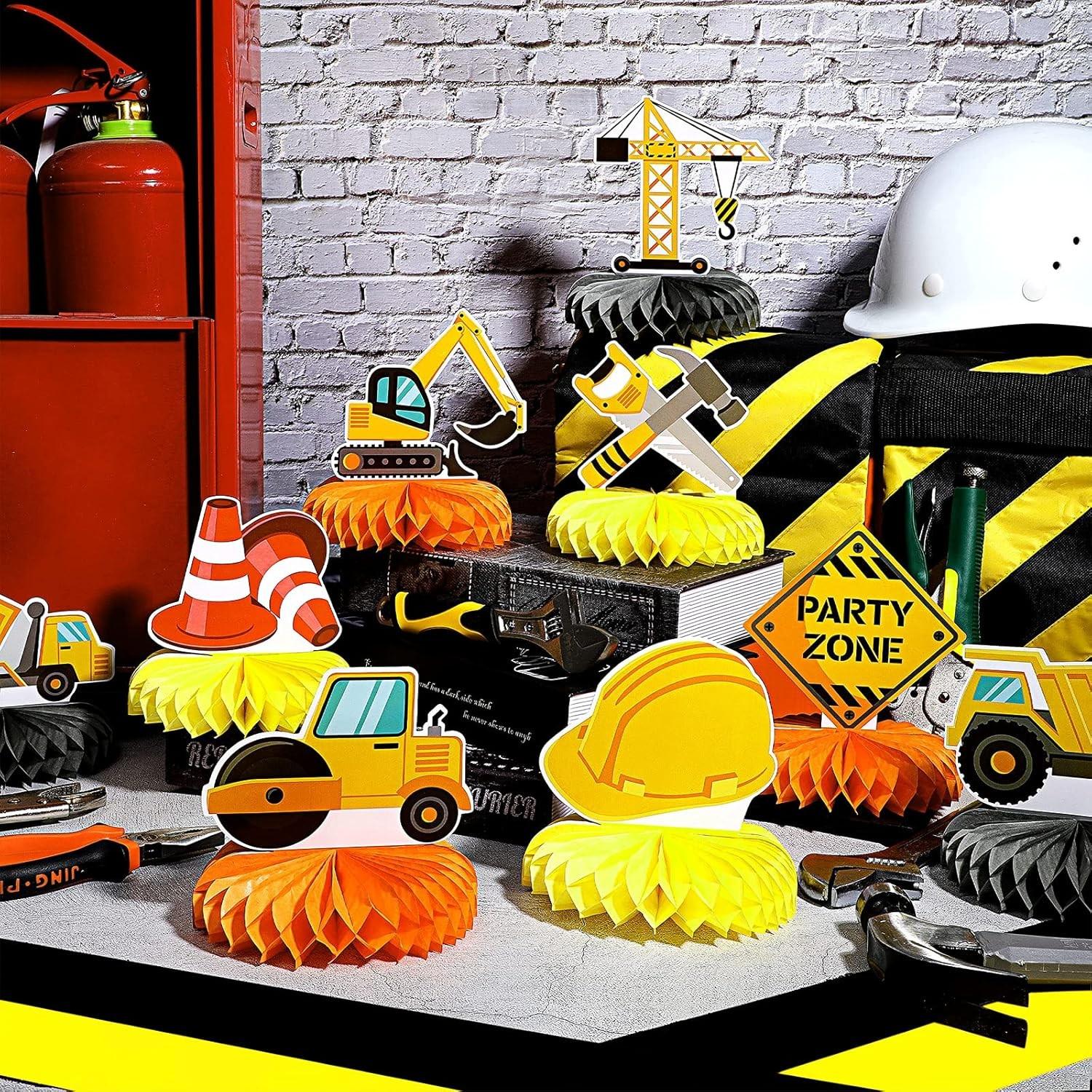 9Pcs Construction Party Decorations Honeycomb Centerpieces Dump Truck Excavator Table Toppers 3D Paper Ornaments for Kids Boy Birthday Party Supplie
