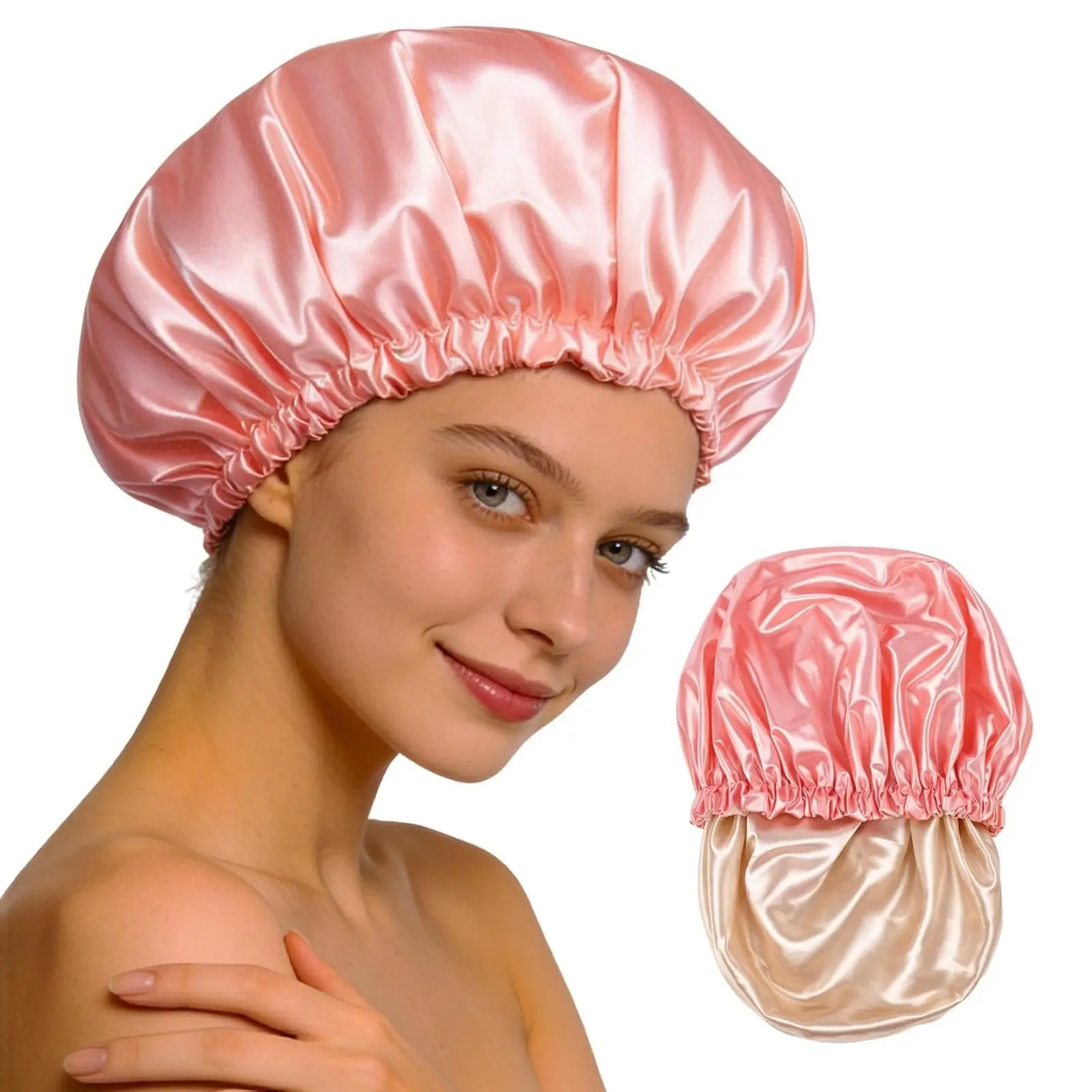 Pink Lined Reusable Waterproof Shower Cap, Soft Elastic Bath Hair Cover for Long Hair, Comfort Hair Hat for Daily Shower & Spa Use