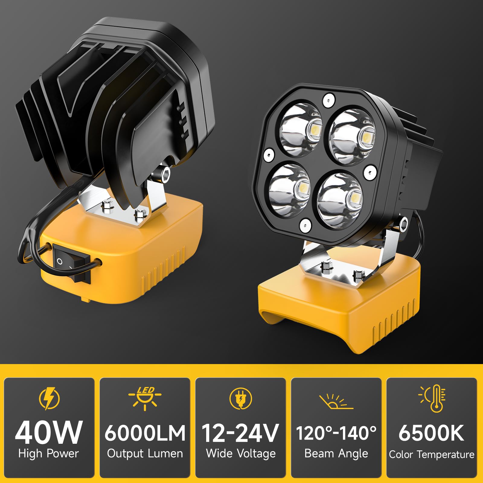 Azocek LED Work Light Compatible with Dewalt 20V Battery, 40W 6000LM Flashlight, 20V Battery Cordless Work Light 120°Adjustable with Low Voltage Protection for Outdoors and Job Site Lighting