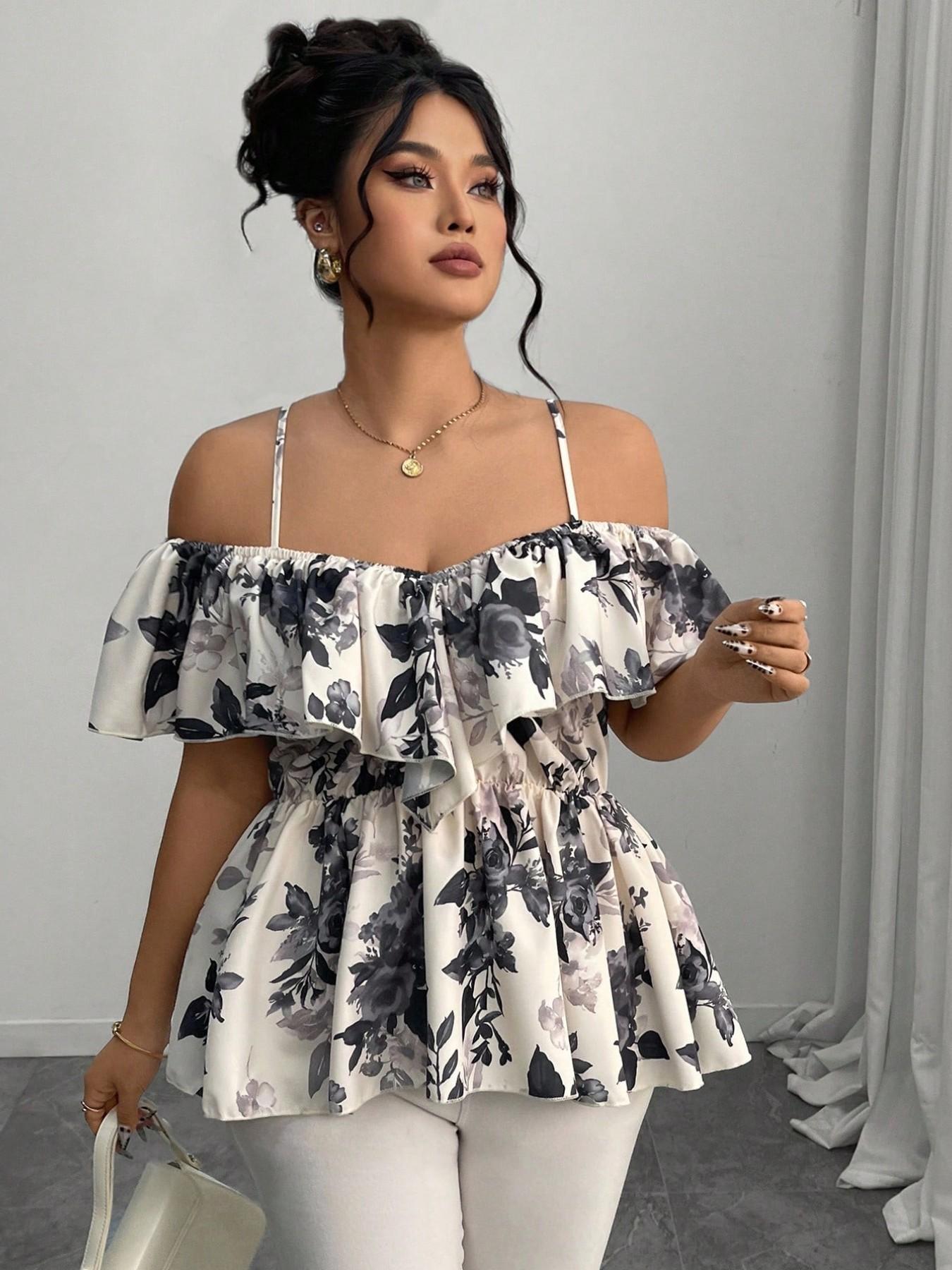 Elegant Chic Casual Bohemian Ruffle Halter Top, A-Line Hem Blouse for Spring & Summer, Plus Size Fashion Shirt for Women, Fit