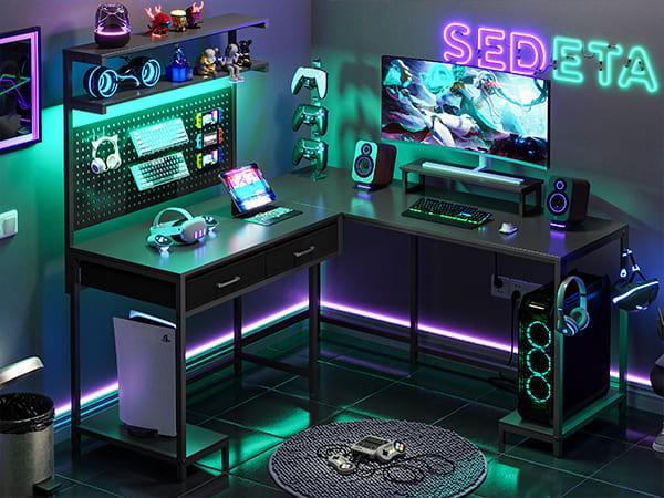 SEDETA L-Shape Gaming Desk Computer Desk with LED Lights Hanging Panel and Drawer with Brackets and Storage Shelves Home Office Corner Desk Modern