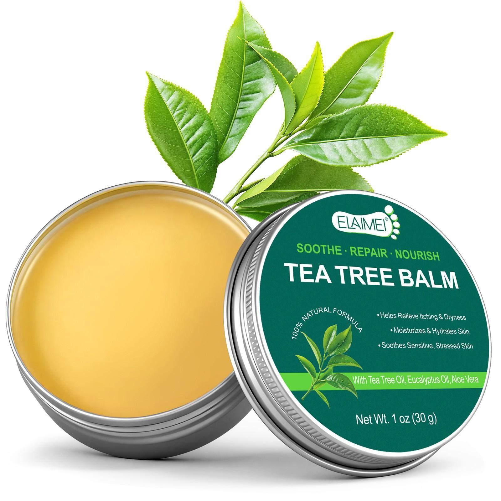 ELAIMEI Multi-Purpose Tea Tree Oil Balm, suitable for sensitive skin, soothes skin issues caused by dryness, provides rapid relief, moisturizes dry skin, and offers long-lasting hydration