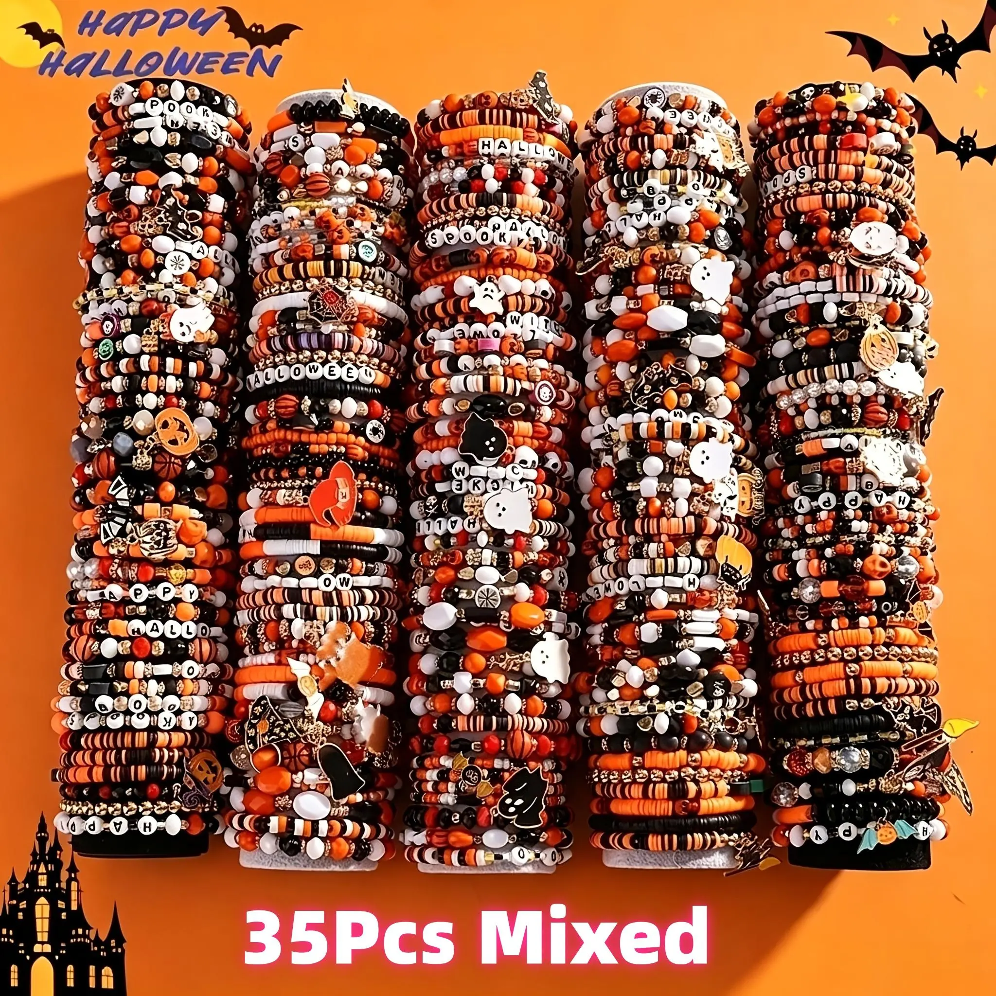 35Pcs Handmade Halloween Polymer Clay Elastic Bracelets Set - Spooky Charms,Halloween Motifs,Pumpkins,Ghosts,Bats,Skulls in Orange-Black, Party Wear Year-Round Fashion Accessory Gift for Women