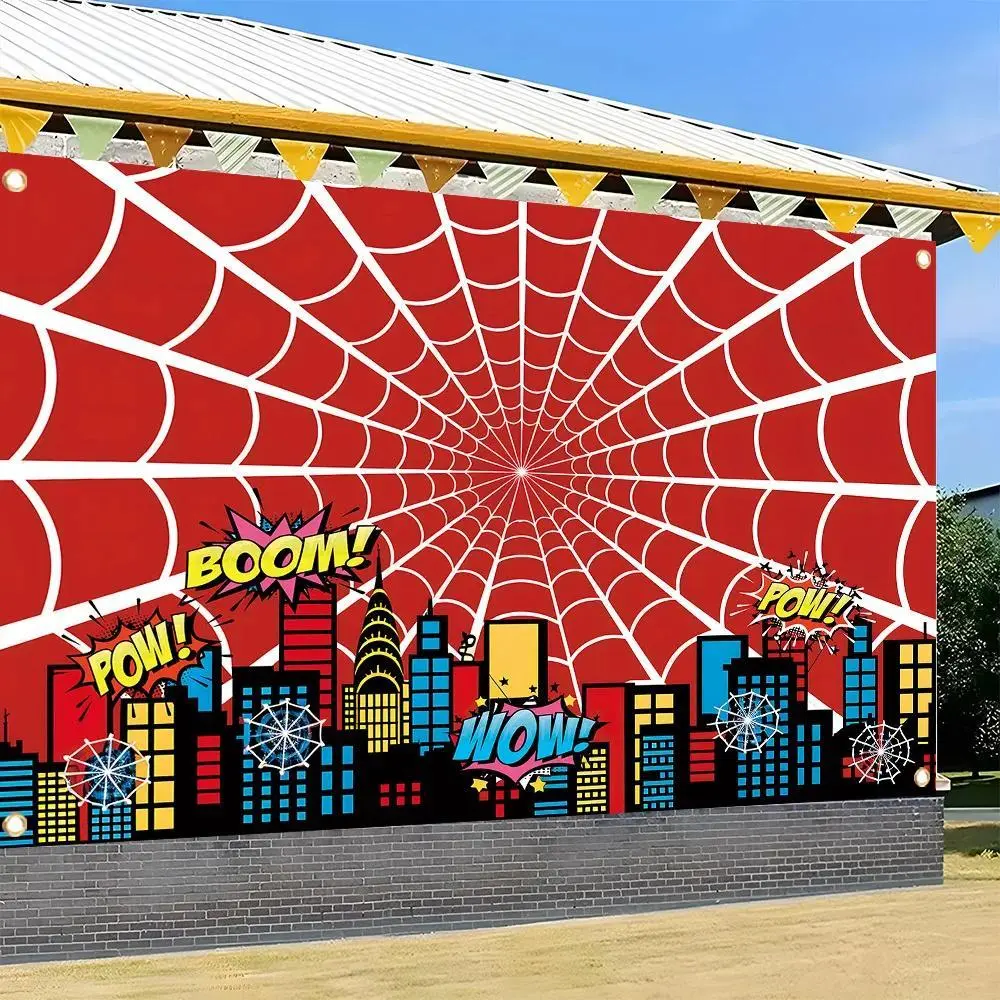Hero-themed Birthday Backdrop Party Decor - Retro Spider Web & Comic City Skyline, Lightweight Wrinkle-Resistant Vinyl, Machine-Washable, Multiple Sizes (100x150cm, 150x210cm, 180x244cm), Indoor Photography Studio