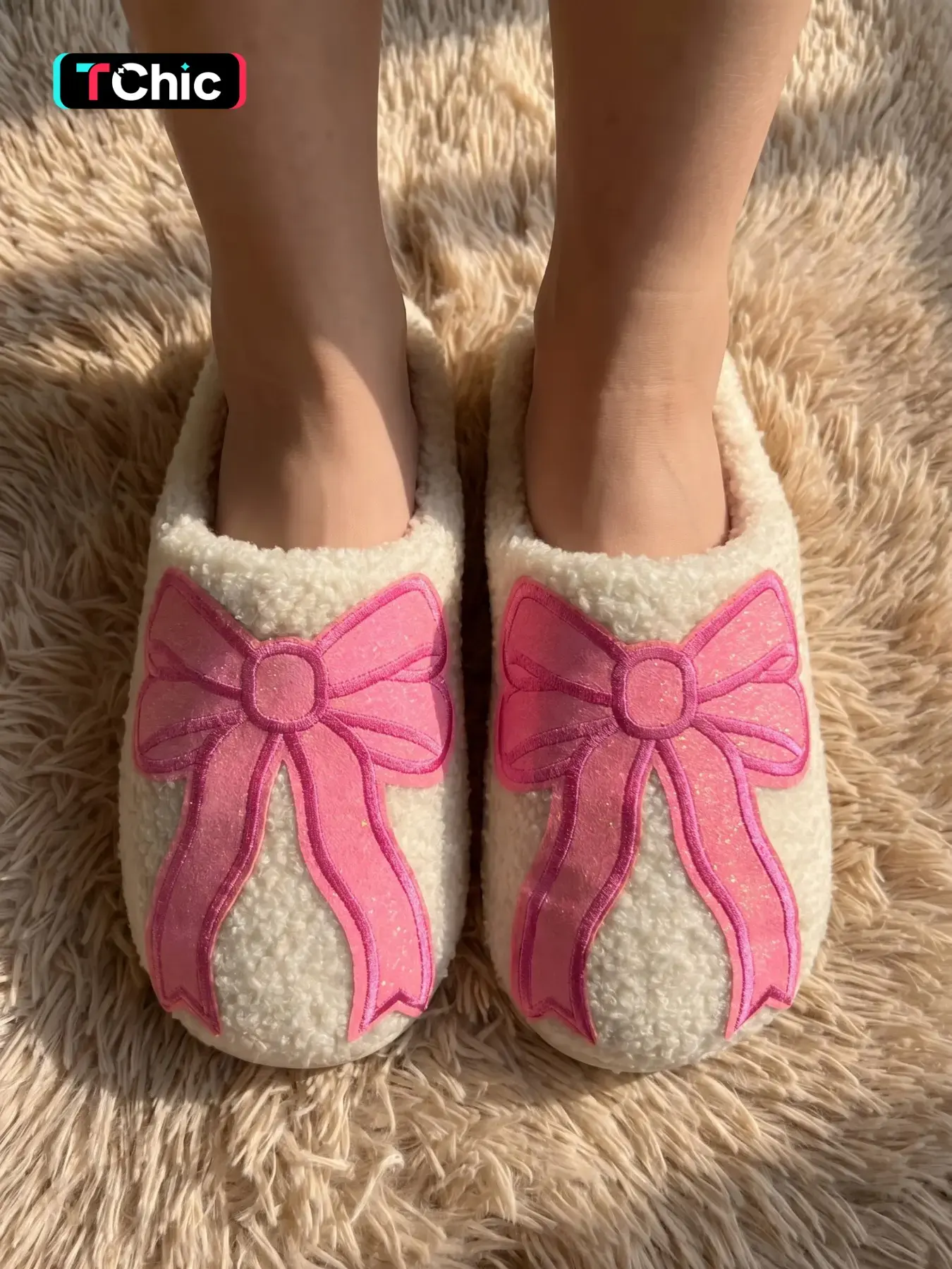 White Fluffy Slippers with Glitter Pink Big Bow, Warm Plush Lined Non Slip Quiet Sole, Cute Cozy Indoor House Slides for Women Fall Winter Bedroom Dorm Gift Indoor Home Slippers