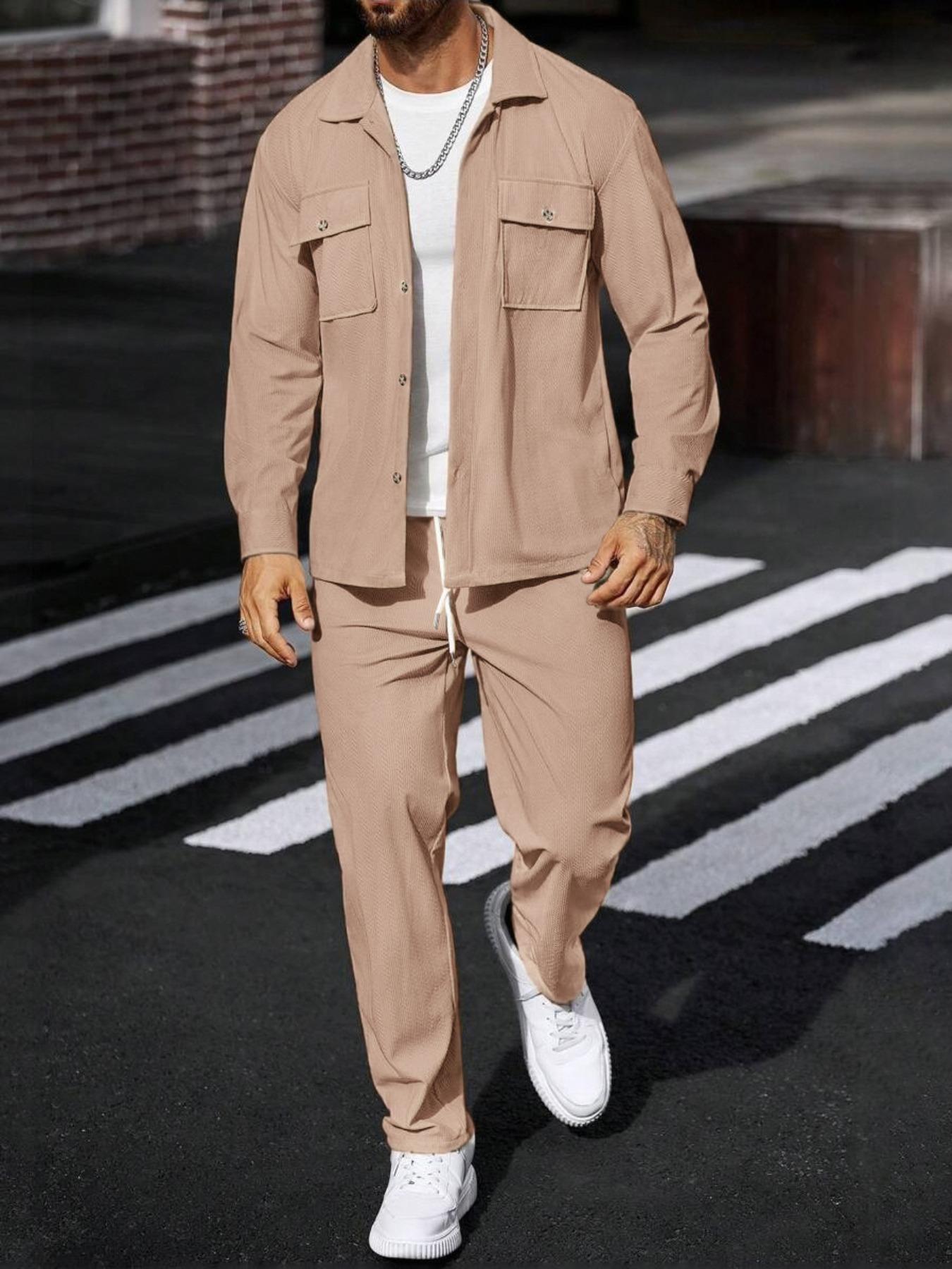 Men's two-piece solid color polo neck button with pockets coat and elastic drawstring waistband sport pants, regular version casual comfortable long sleeve top and, suitable for spring and autumn wear, men's daily clothing.