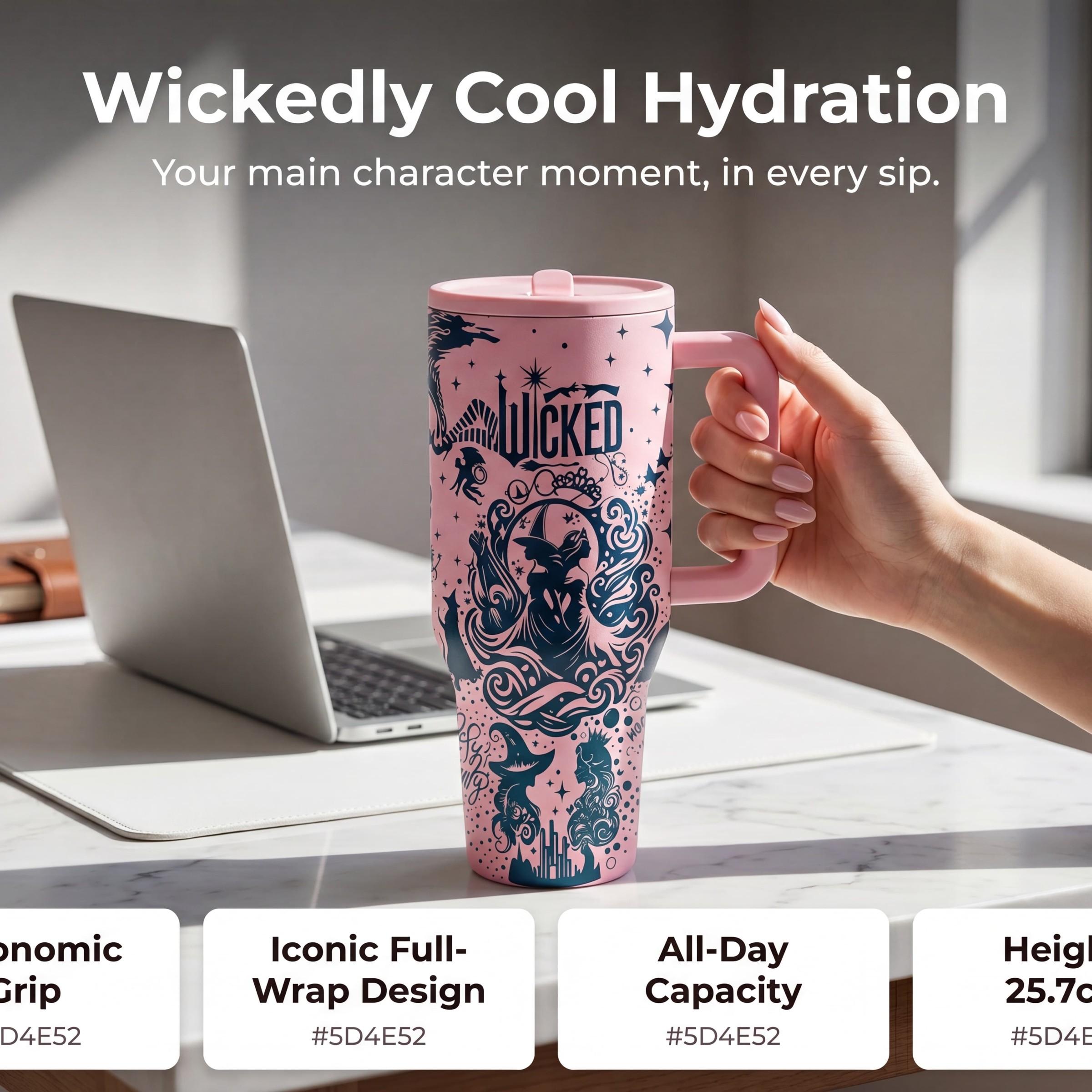 Wicked Inspired Witch Tumbler, 40oz Stainless Steel Insulated Coffee Cup, Fantasy Musical Travel Mug, Gothic Fairycore Gift, Flasks