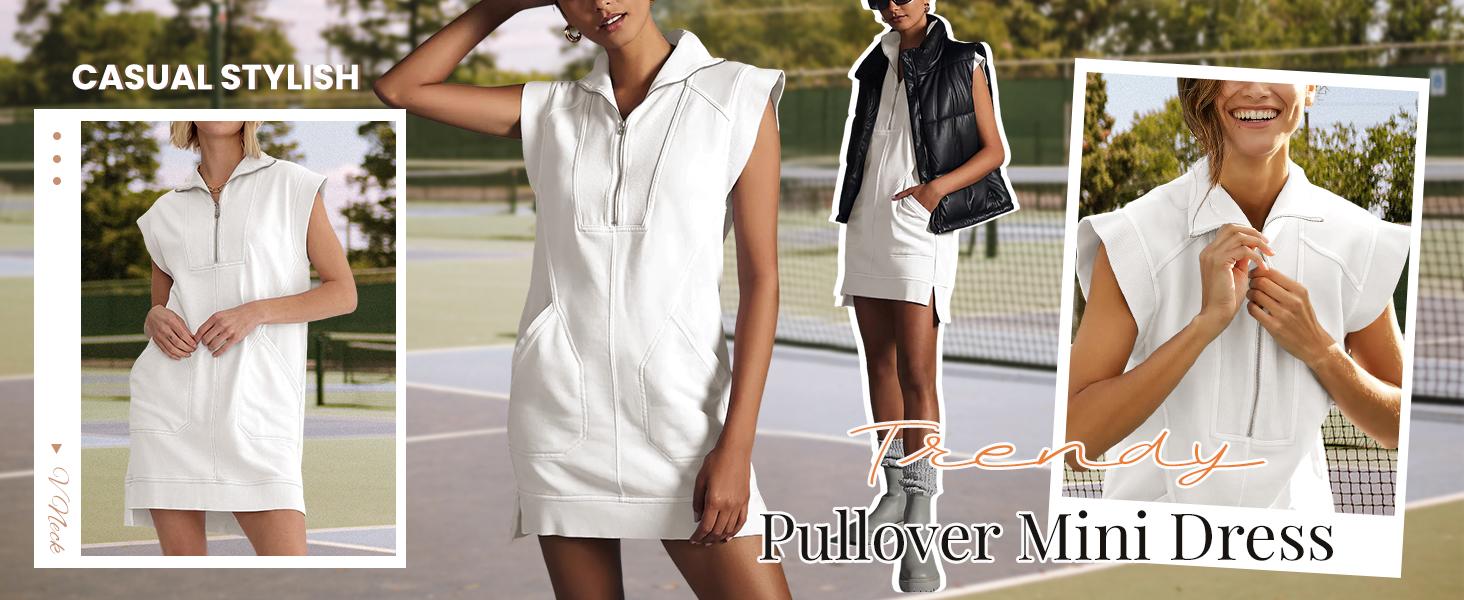 UANEO Womens Half Zip Sweatshirt Dresses Summer V Neck Sleeveless Pullover Tunic Tops Mini Dress