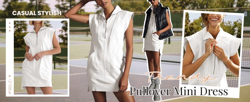 UANEO Womens Half Zip Sweatshirt Dresses Summer V Neck Sleeveless Pullover Tunic Tops Mini Dress