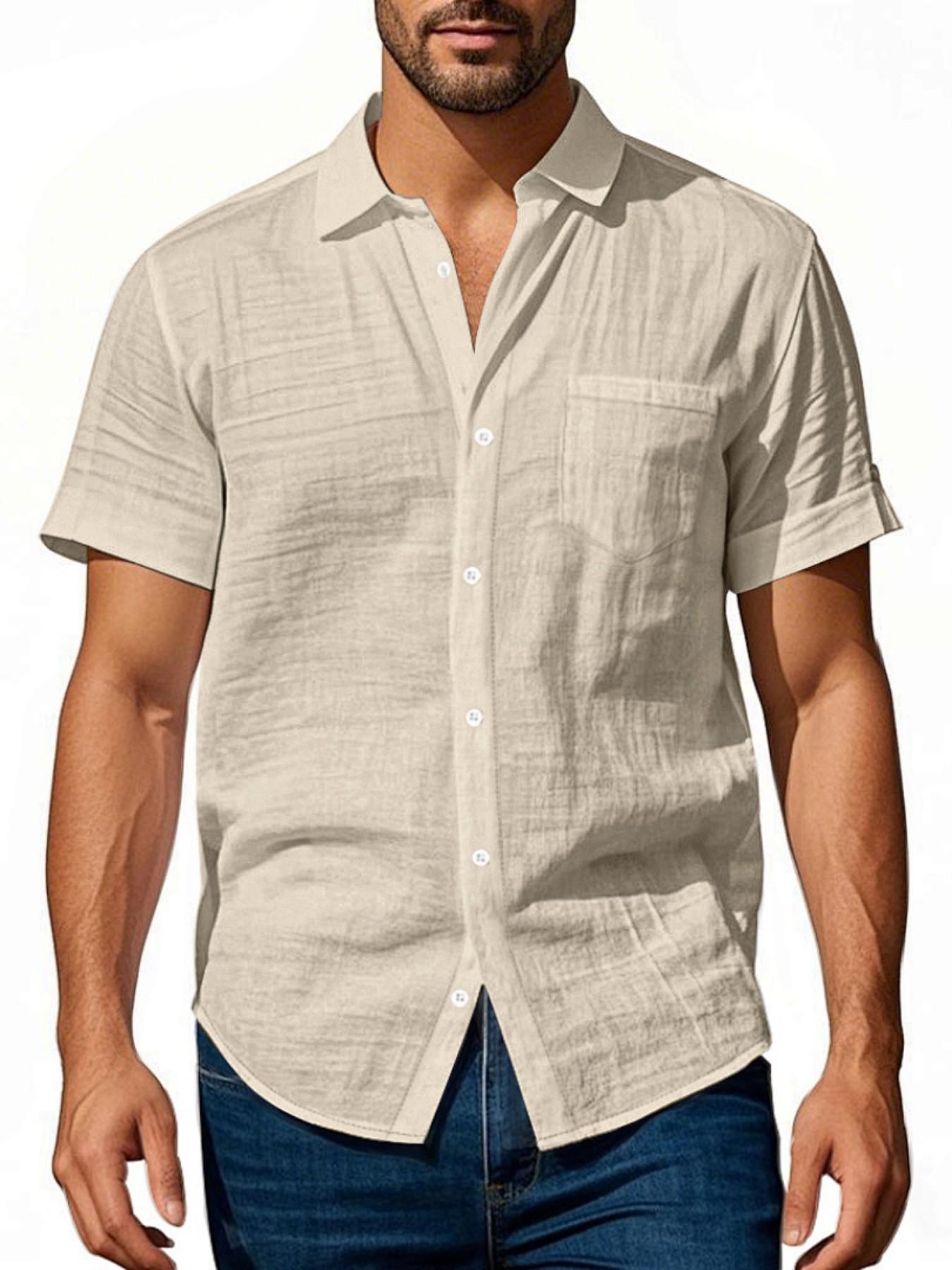 American Style Men's Hawaiian Linen Breathable Henley Neck Casual Short Sleeve Shirt, Summer Fashion, Comfortable and Stylish