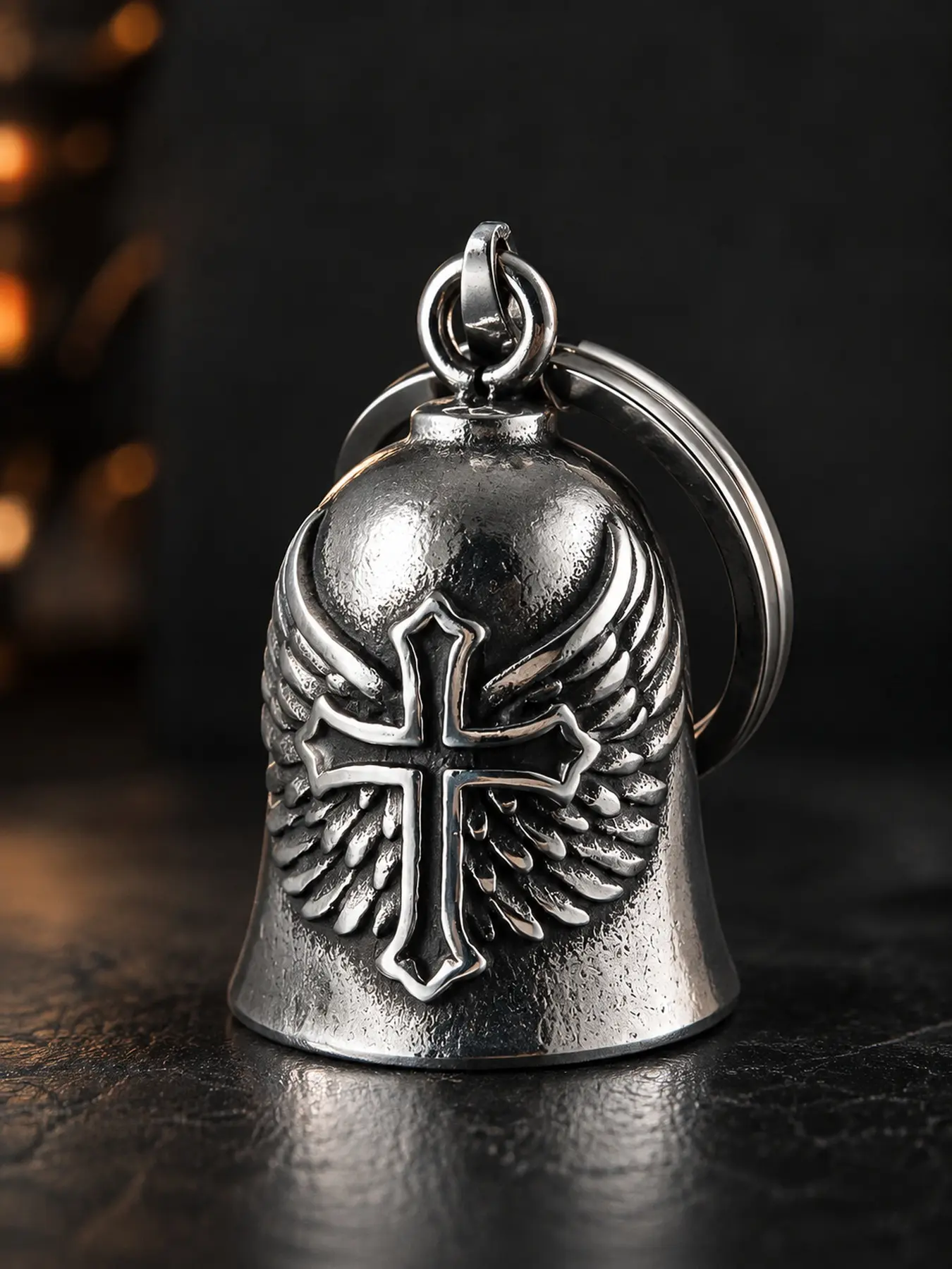 Vintage Winged Cross Bell Keychain, Motorcycle Rider Lucky Bell Key Ring, Metal Bike Keychain Gift for Men & Women