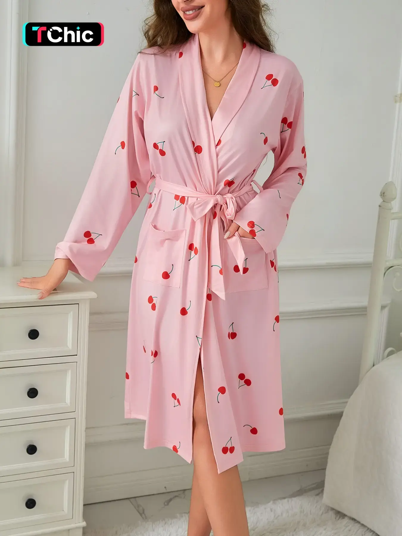 Women's Cherry Print Nightgown with Pockets, Tie-Back Long Sleeve Collar Robe, Sweet Comfortable Home Wear, Casual Sleepwear, Home Loungewear