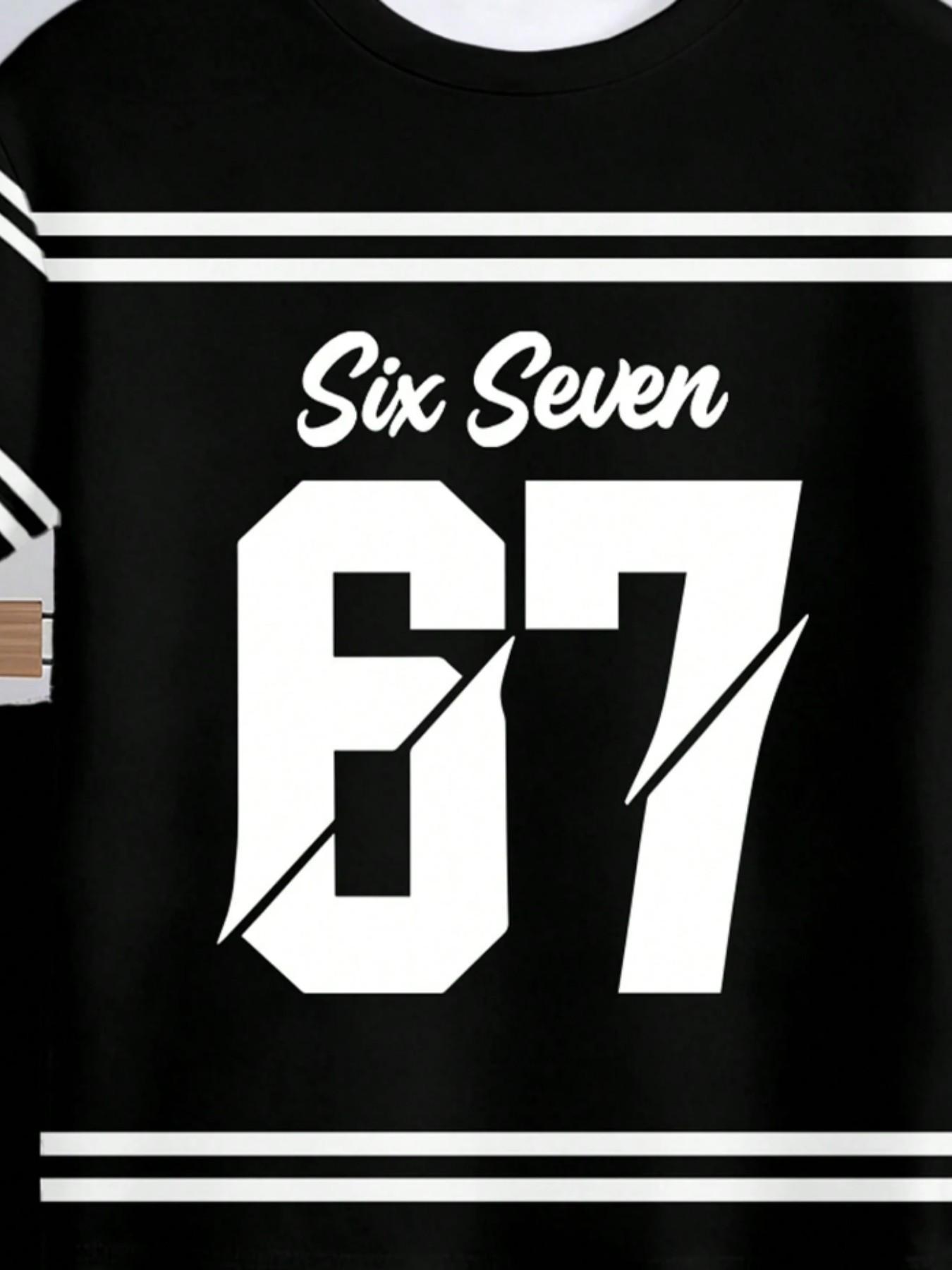 Trendy Sports Style Boys' Set, Number 67 Print, Streetwear Aesthetic, Casual Fitted Suit, All over Print, No Button, No Collar, No Zipper, Shorts