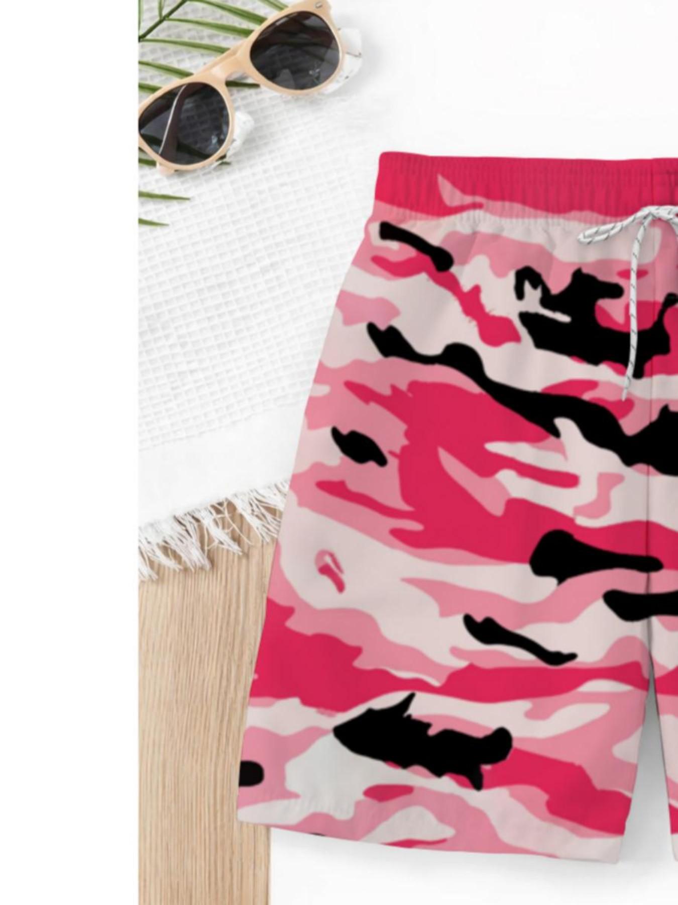 Summer Boys' Camo Print Drawstring Beach Pants, Casual Slim-Fitting Short Pants for Kids, Trendy Swim Trunks for Vacation