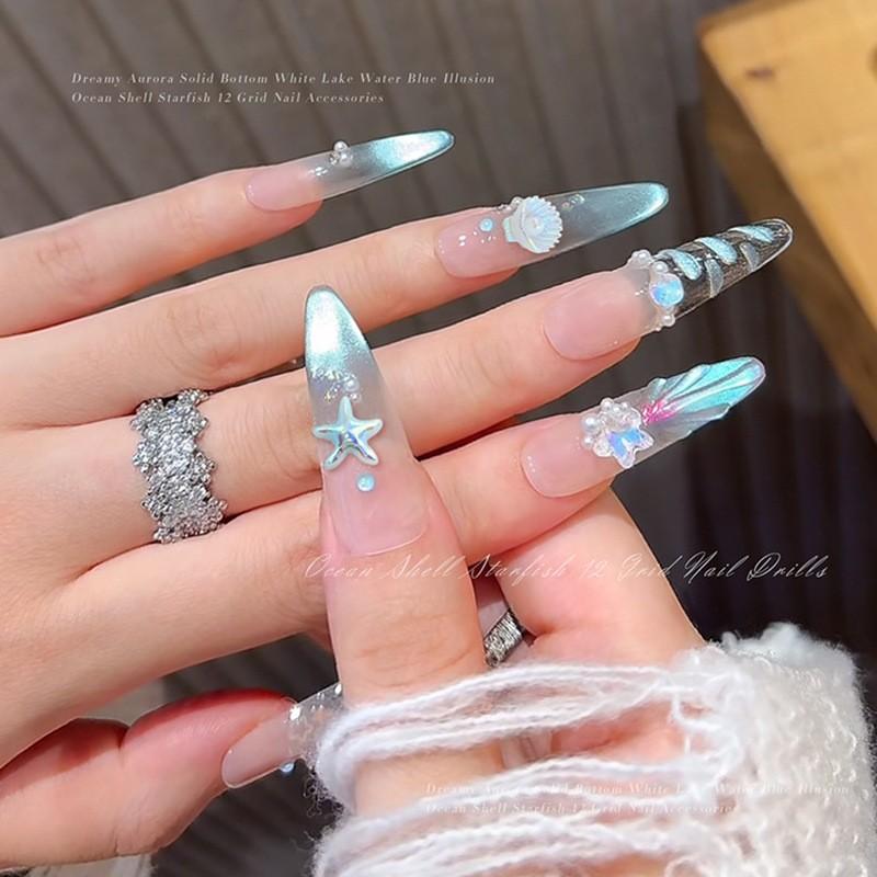 Light Blue Nail Charm Set - Pearl Starfish Shell Nail Pressing DIY Accessory Kit, Ocean Mermaid Style Acrylic Fake Tips, Perfect for Halloween, Christmas, New Year Party Nail Decoration