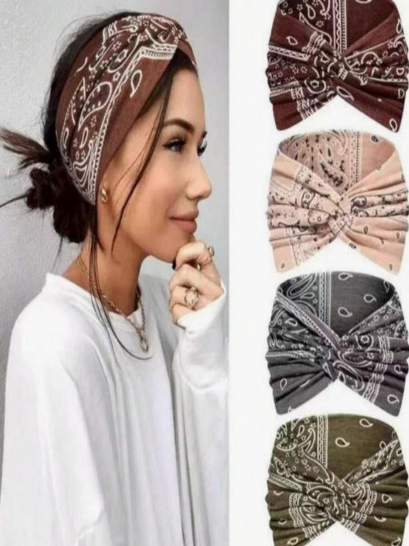 Women's 4-Piece Headband Set, Wide Thin Elastic Bohemian Style, Cashew Flower Retro Cross Edge, Sports Yoga Makeup Accessories