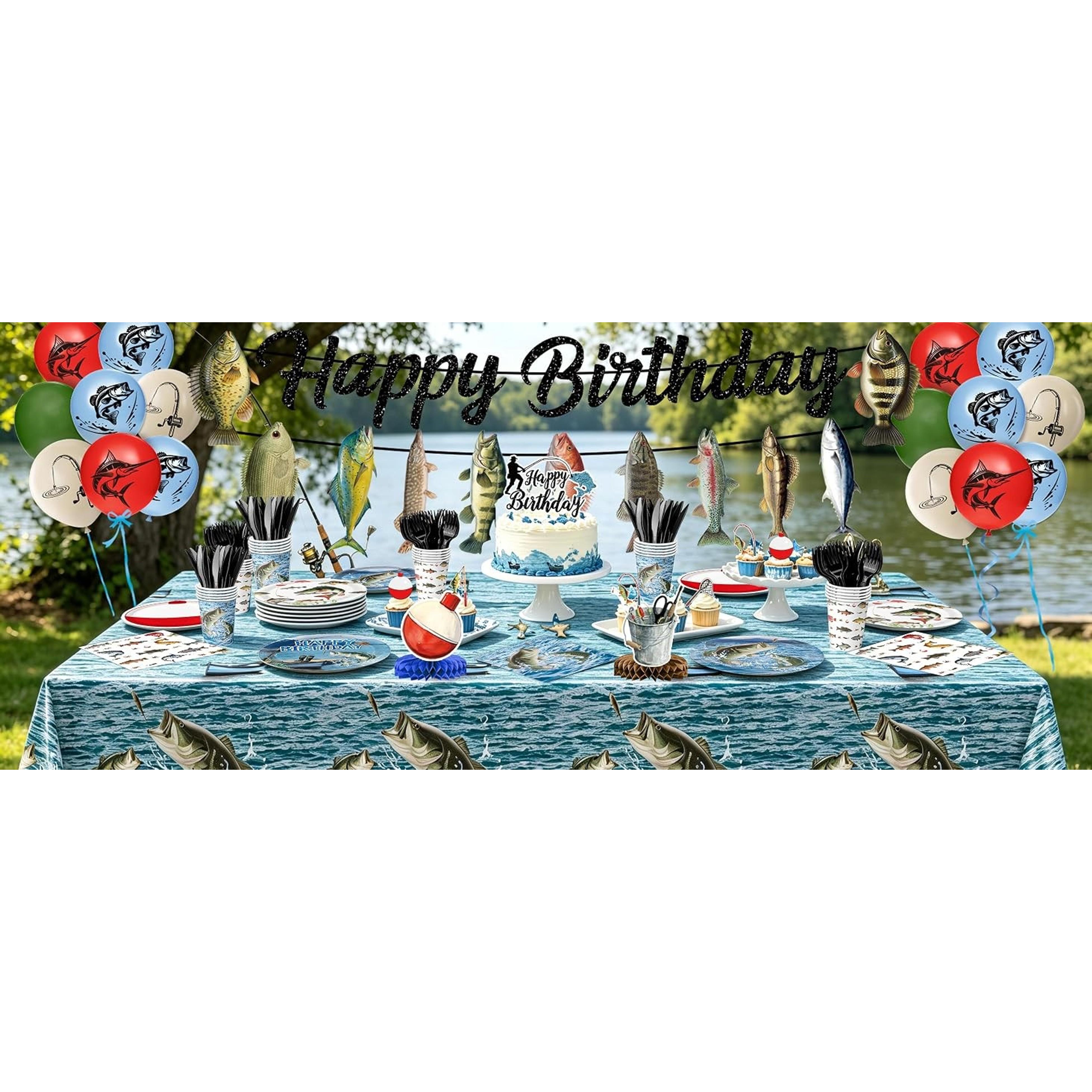 Fishing Birthday Party Decorations Set - Plates, Napkins, Cups, Cutlery, Honeycomb Centerpieces, Banner, Hanging Swirls, Tablecloths, Toppers, Balloons for Ofishally One Birthday, Serves 24