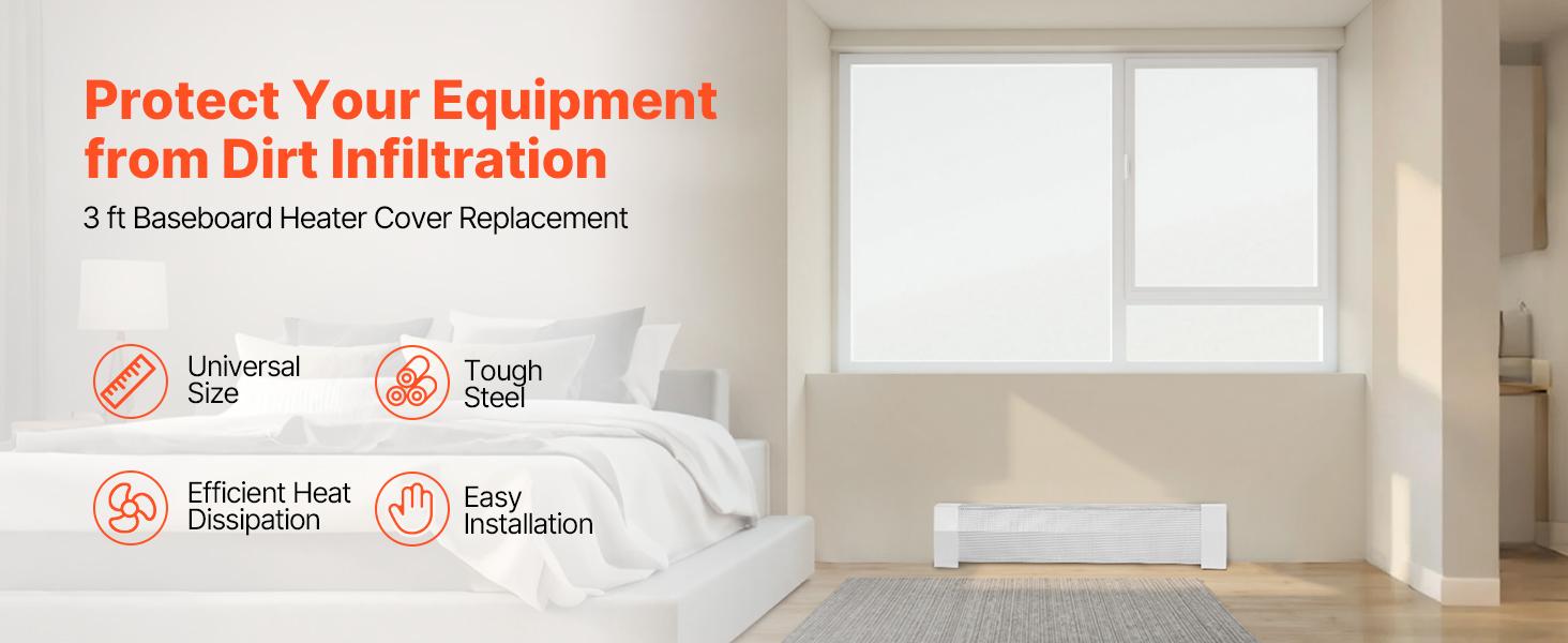 VEVOR Baseboard Heater Covers, Premium Series 3 ft Standard Electric Heating Unit Front Cover for Home Improvement, Heavy-duty Steel, Easy Installation for Bedroom Replacing Old Cover, White