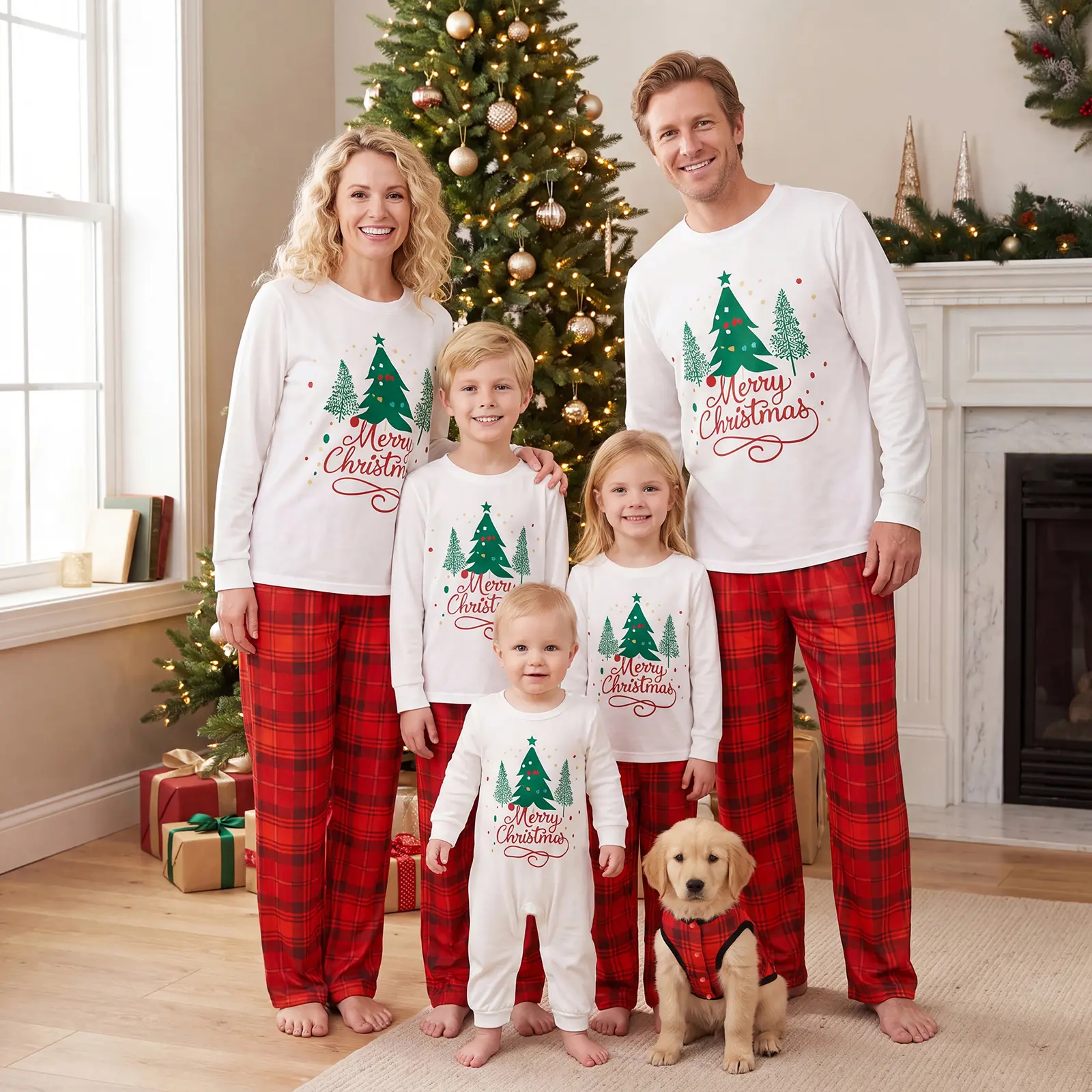Christmas Family Matching Pajamas Set, Merry Christmas Tree Graphic Long Sleeve Top Red Plaid Pants, Holiday Xmas Sleep Outfit for Women Men Boys Girls