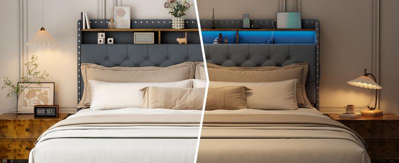 King Size Bed Frame with 3 Drawers, 2-Tier Storage Headbord, Bed Frame with Storage, LED Lights and Charging Station, Upholstered Platform Bed Frame, Wood Slats Support Bedroom Furniture King Size Bed Frame with 3 Drawers, 2-Tier Storage Headbord, Bed Frame with Storage, LED Lights and Charging Station, Upholstered Platform Bed Frame, Wood Slats Support Bedroom Furniture