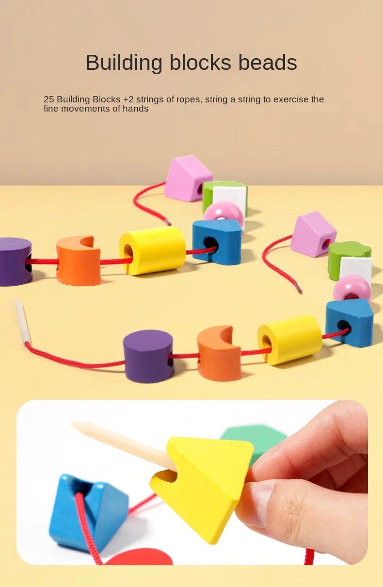 5-in-1 Montessori Wooden Toys Color Shape Cognition Blocks Matching Sorting Game Beaded Early Educational Toys Gift for Children