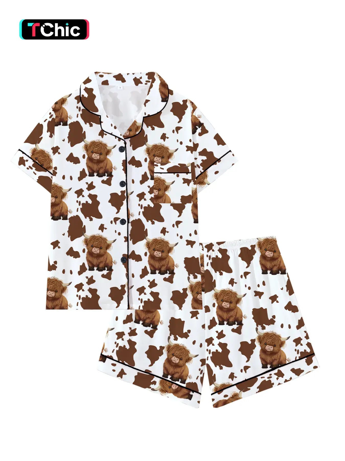 Cute Animal Cow Print Pattern Teen Sleepwear Home Loungewear Set, Loose-Fitting Short Sleeve Pajamas, Comfortable All Season Nightwear, Valentine's Day Gift