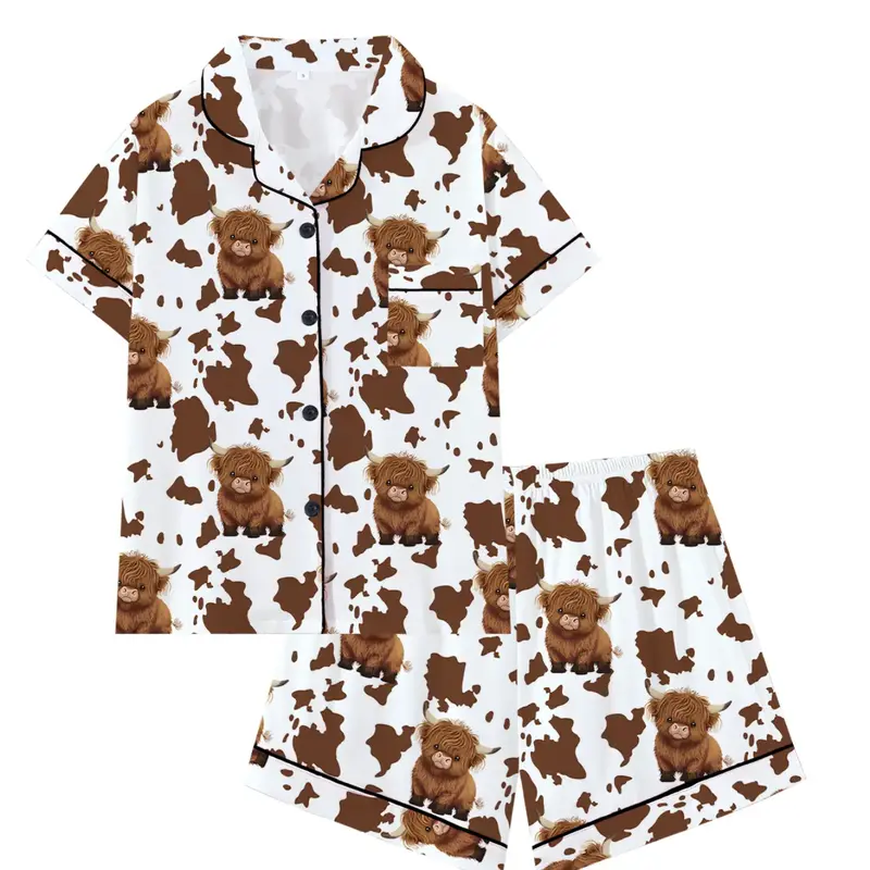 Cute Animal Pattern Teen Sleepwear Set, Loose-Fitting Short Sleeve Pajamas, Comfortable All Season Nightwear, Valentine's Day Gift