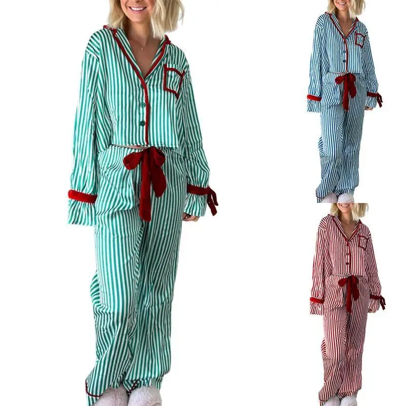 2pcs Women's Striped Christmas Pajama Set Long Sleeve Button-Up Crop Cami Tops Bow Long Pants Sleepwear Outfit Loungewear Womenswear