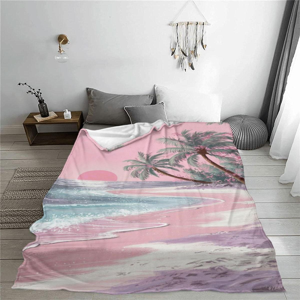 Comfortable Flannel Blanket, Beach Theme Coconut Grove Sunset Pattern, Digital Print, Ideal for Living Room and Camping